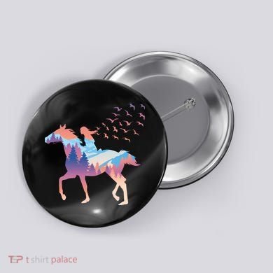 Girl Riding Horse In Forest Button