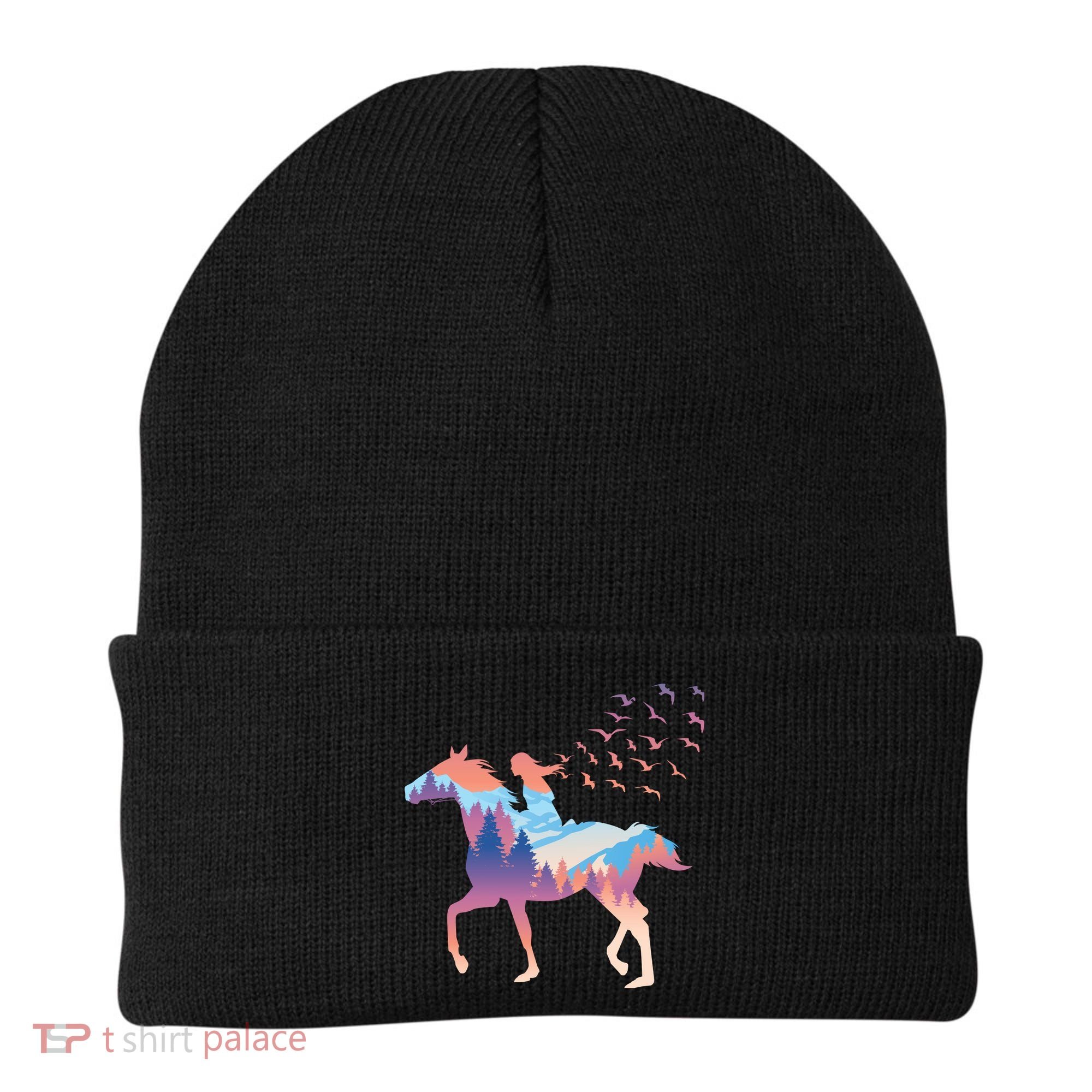 Girl Riding Horse In Forest Beanie