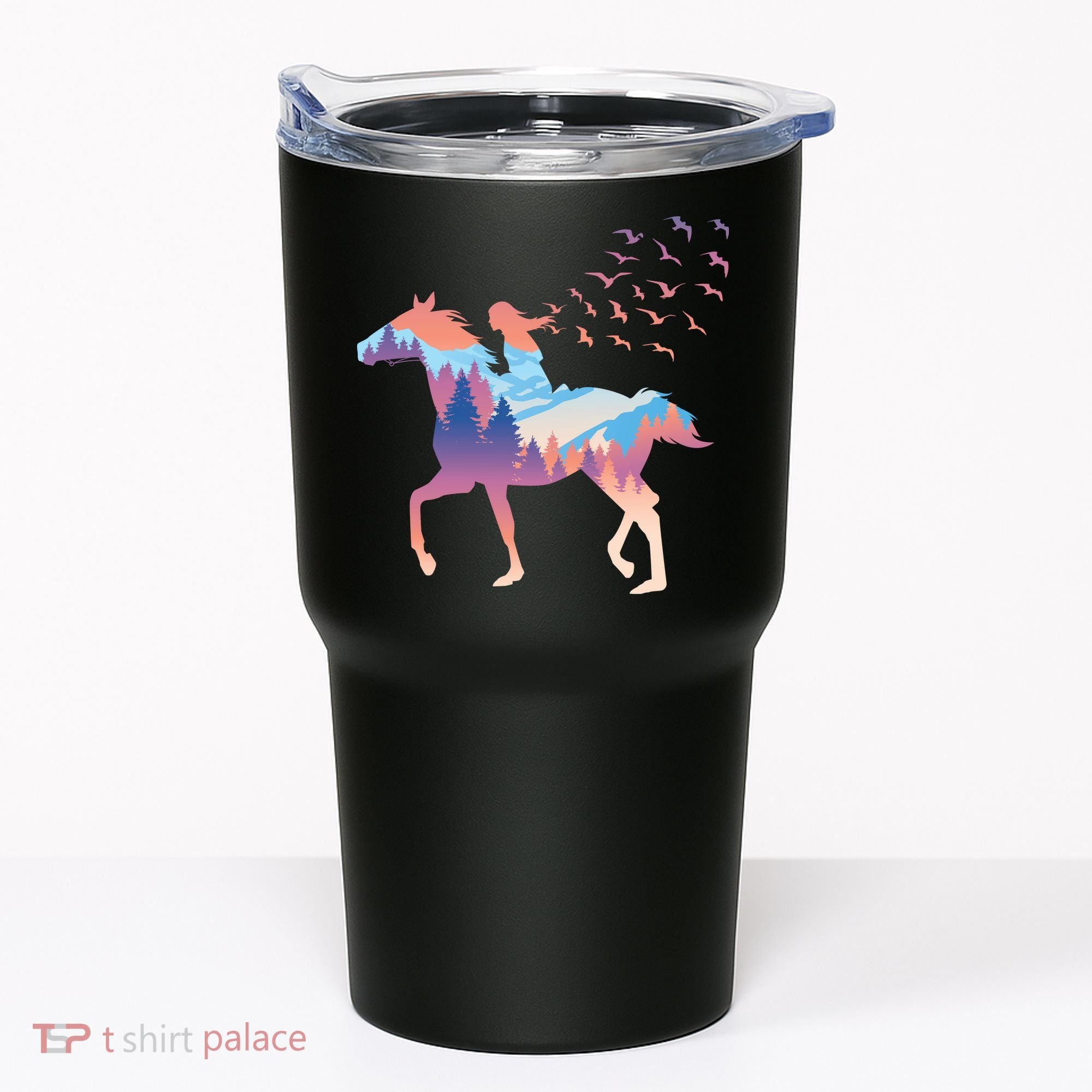 Girl Riding Horse In Forest Tumbler