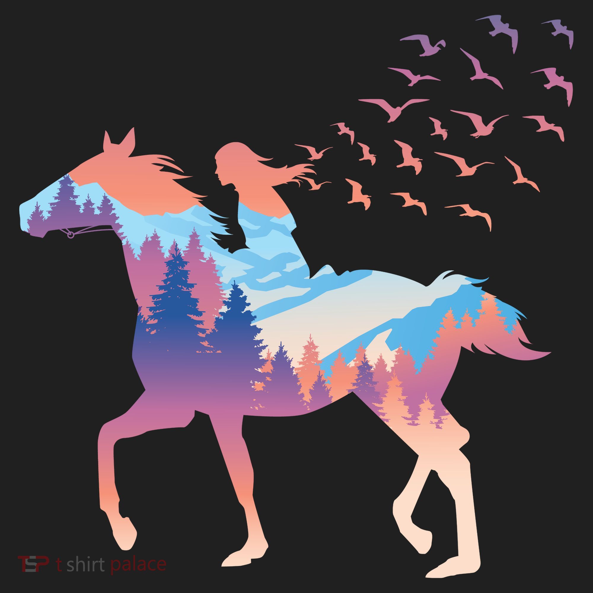 Girl Riding Horse In Forest Hat