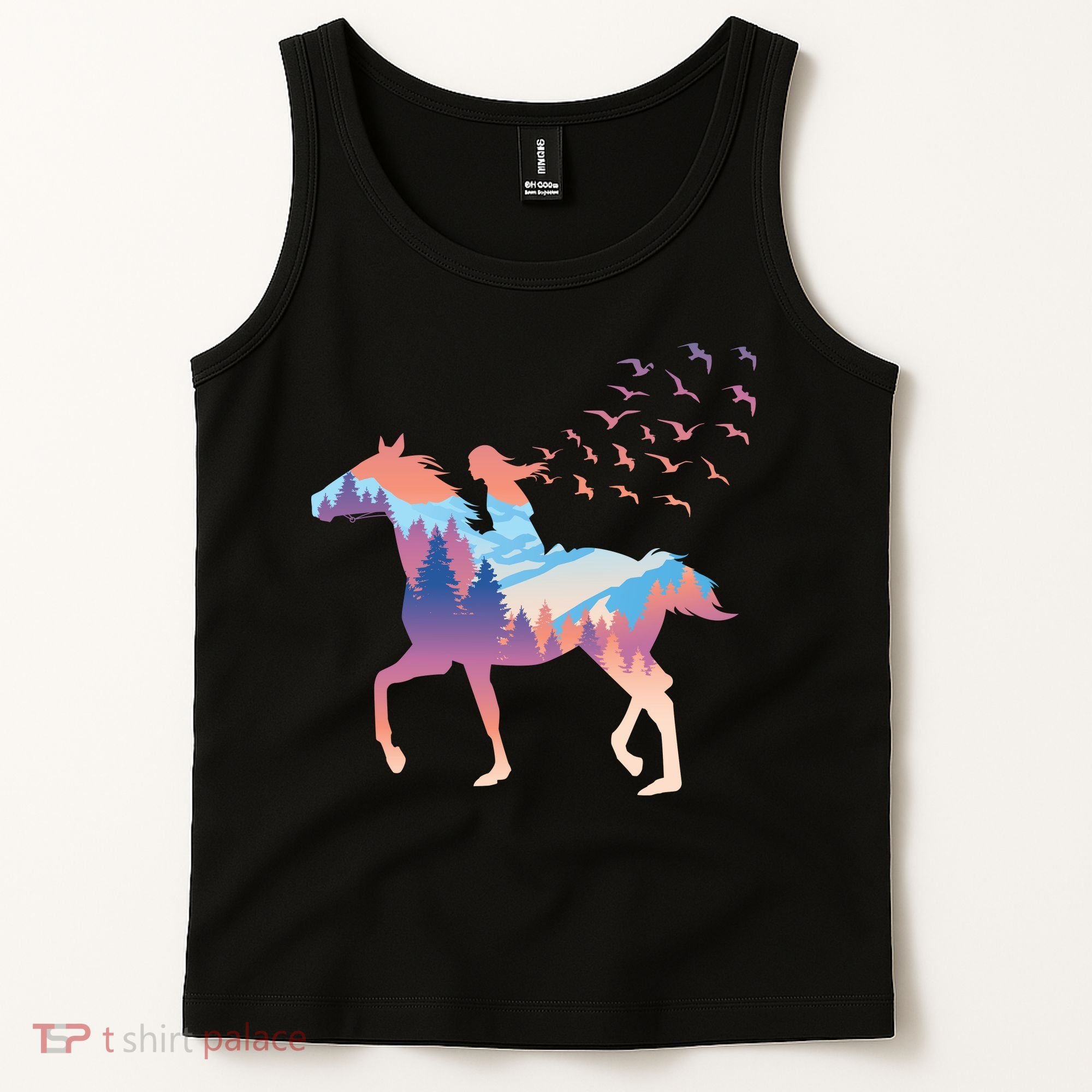 Girl Riding Horse In Forest Tank Top
