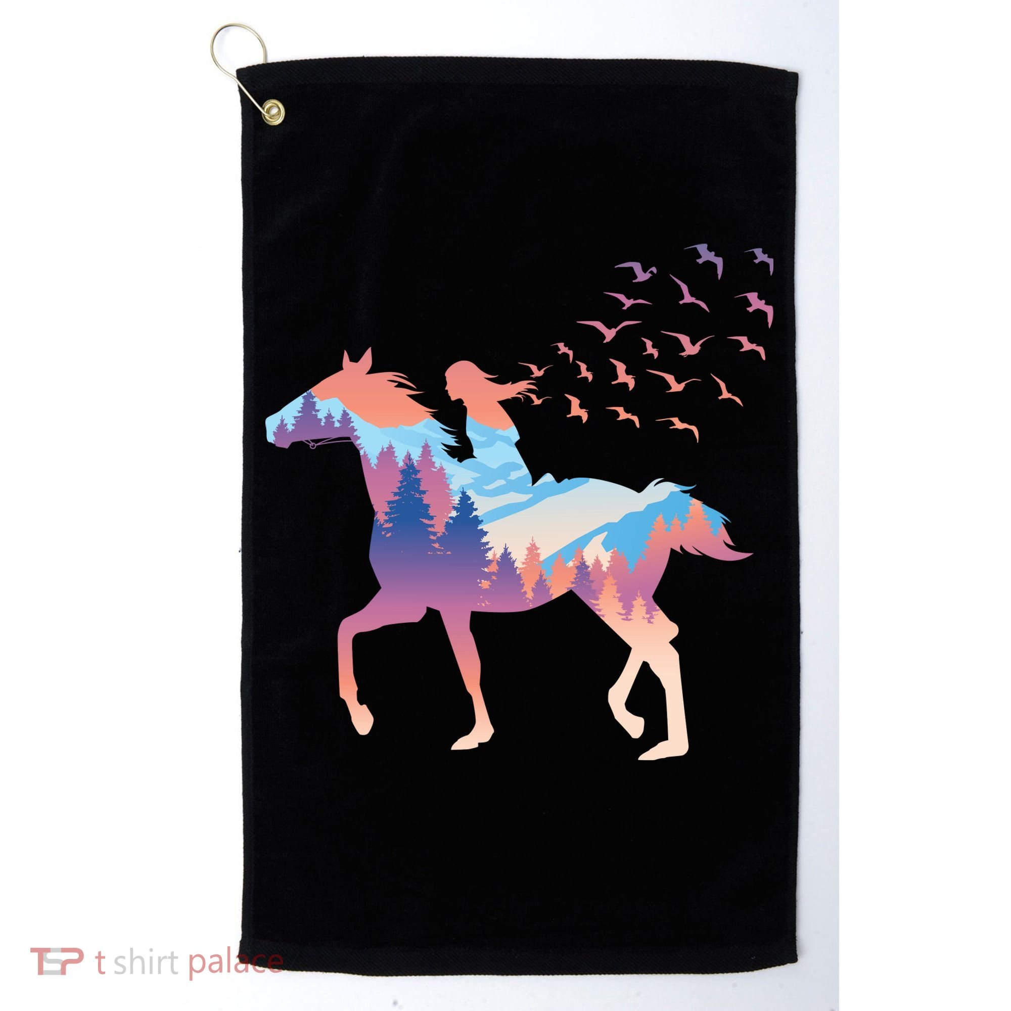 Girl Riding Horse In Forest Golf Towel