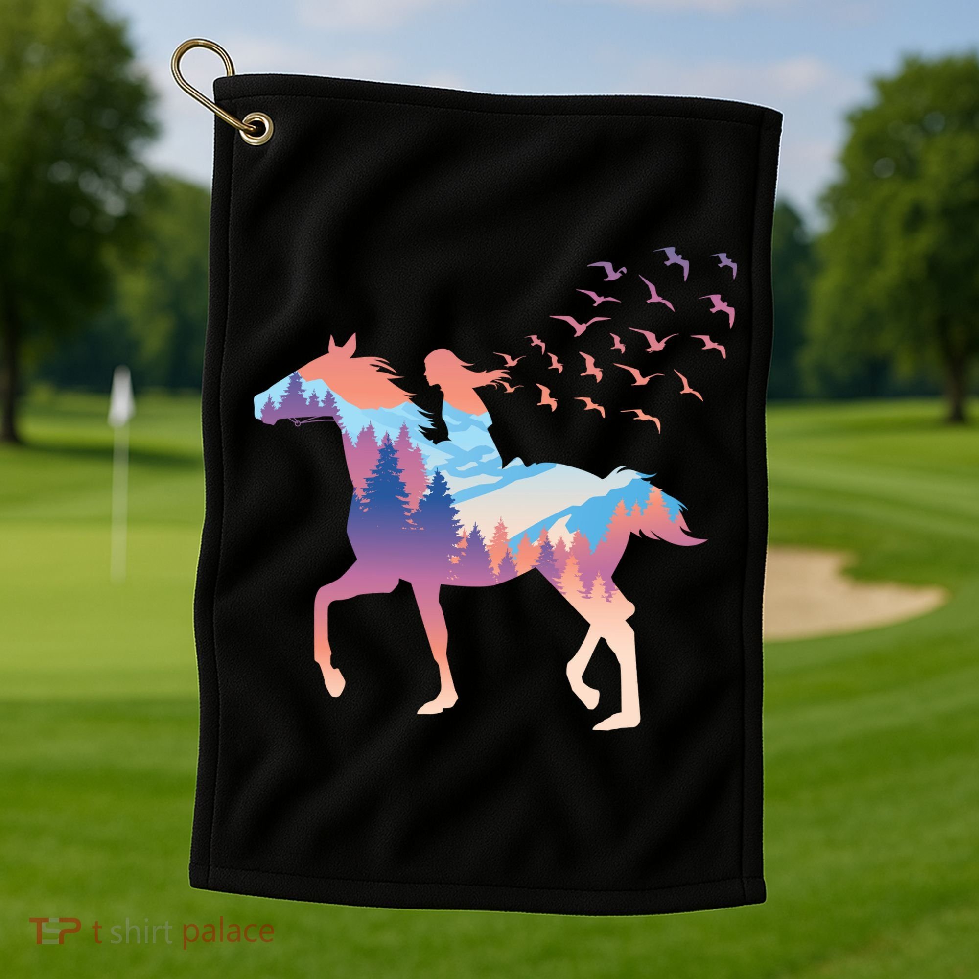 Girl Riding Horse In Forest Golf Towel