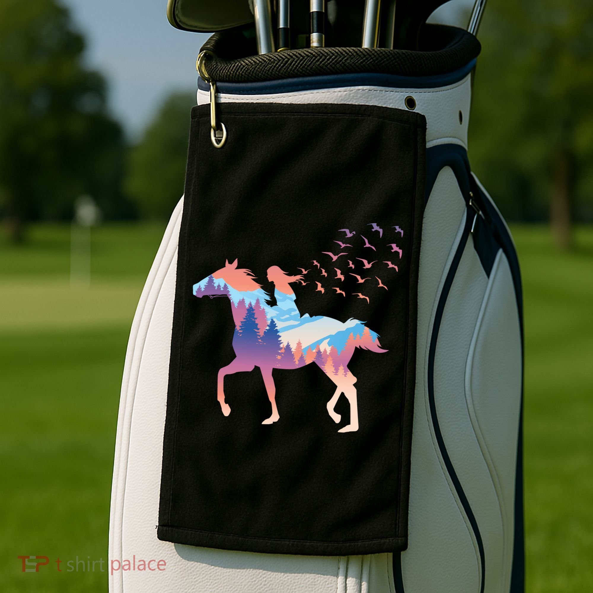Girl Riding Horse In Forest Golf Towel