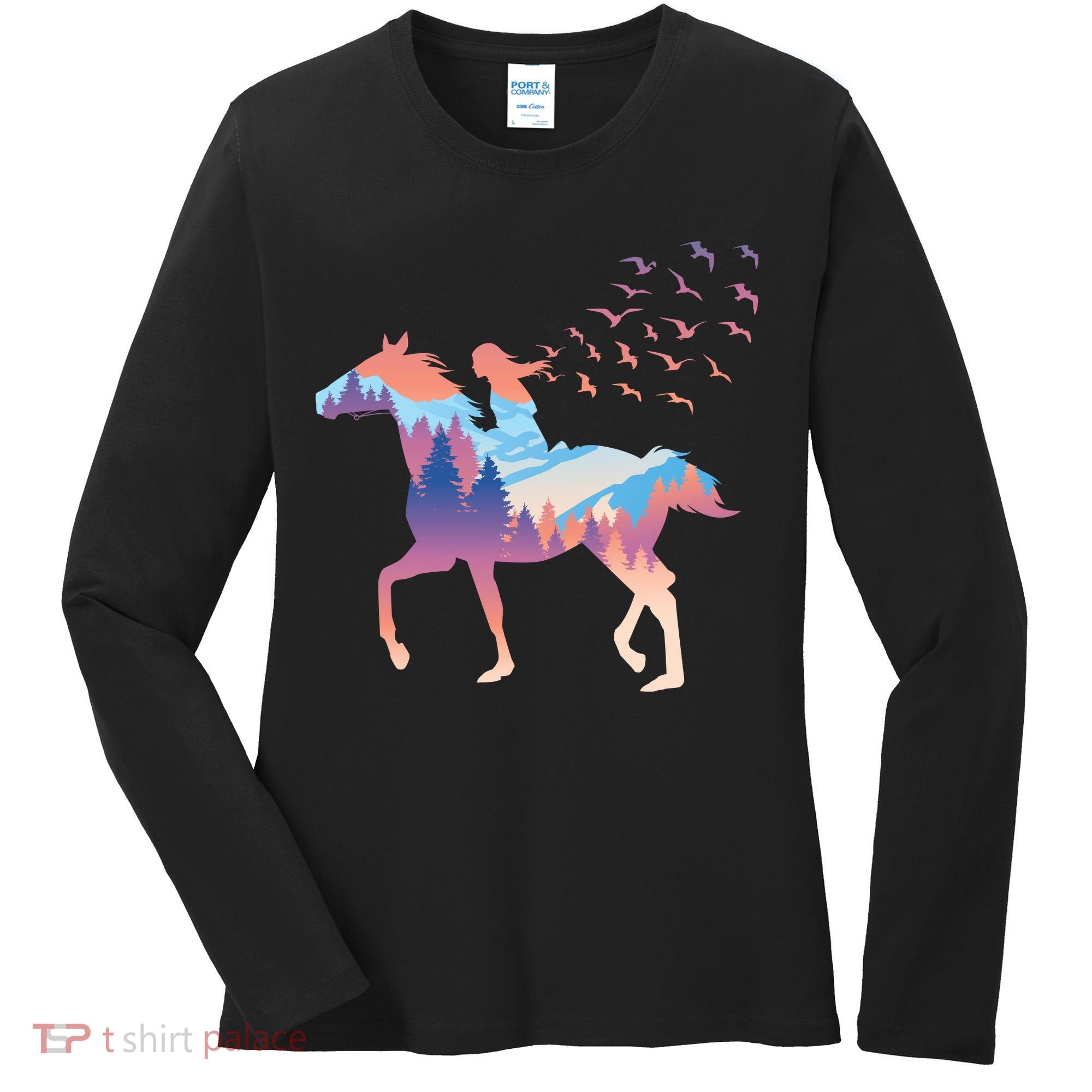 Girl Riding Horse In Forest Women's Long Sleeve Shirt
