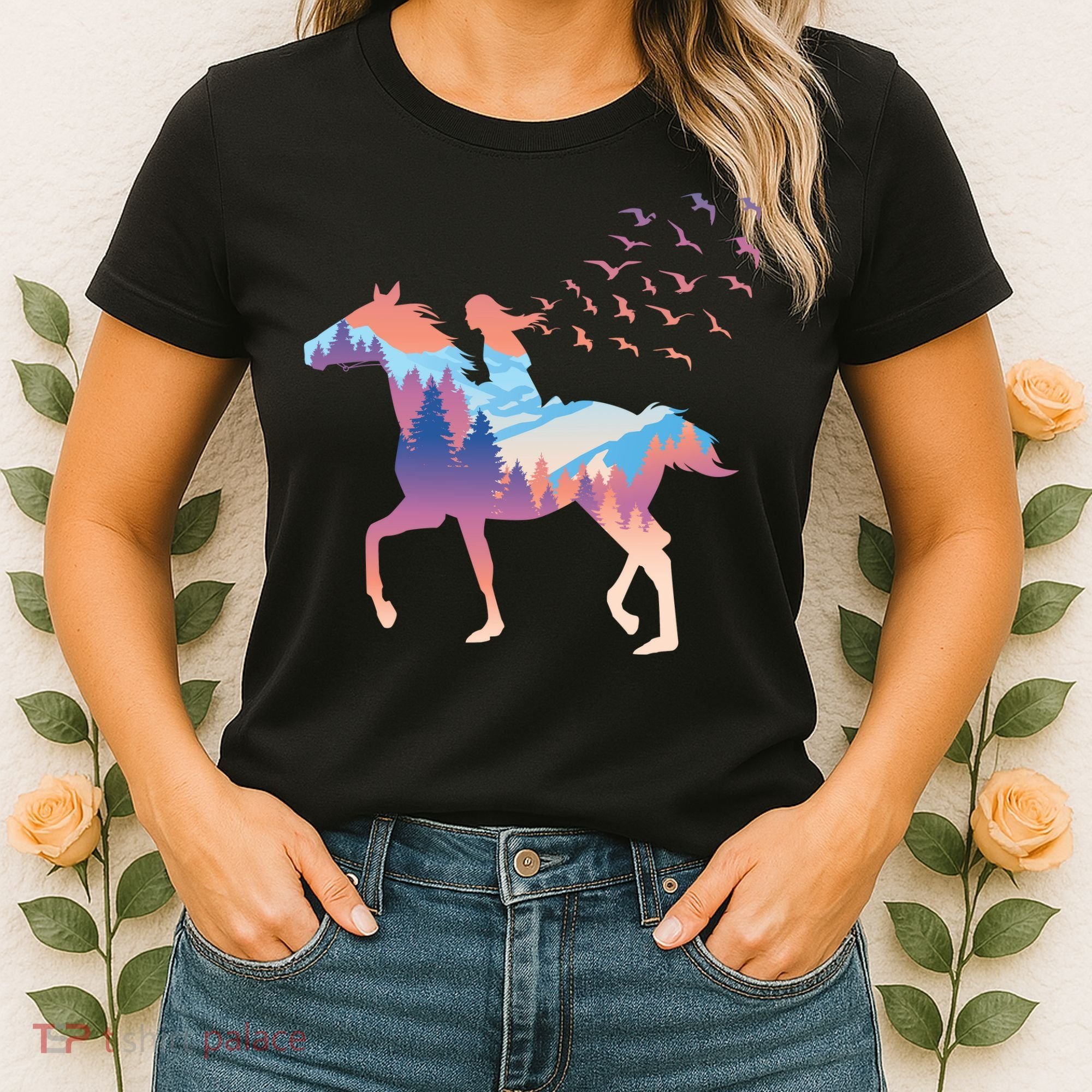 Girl Riding Horse In Forest Women's T-Shirt