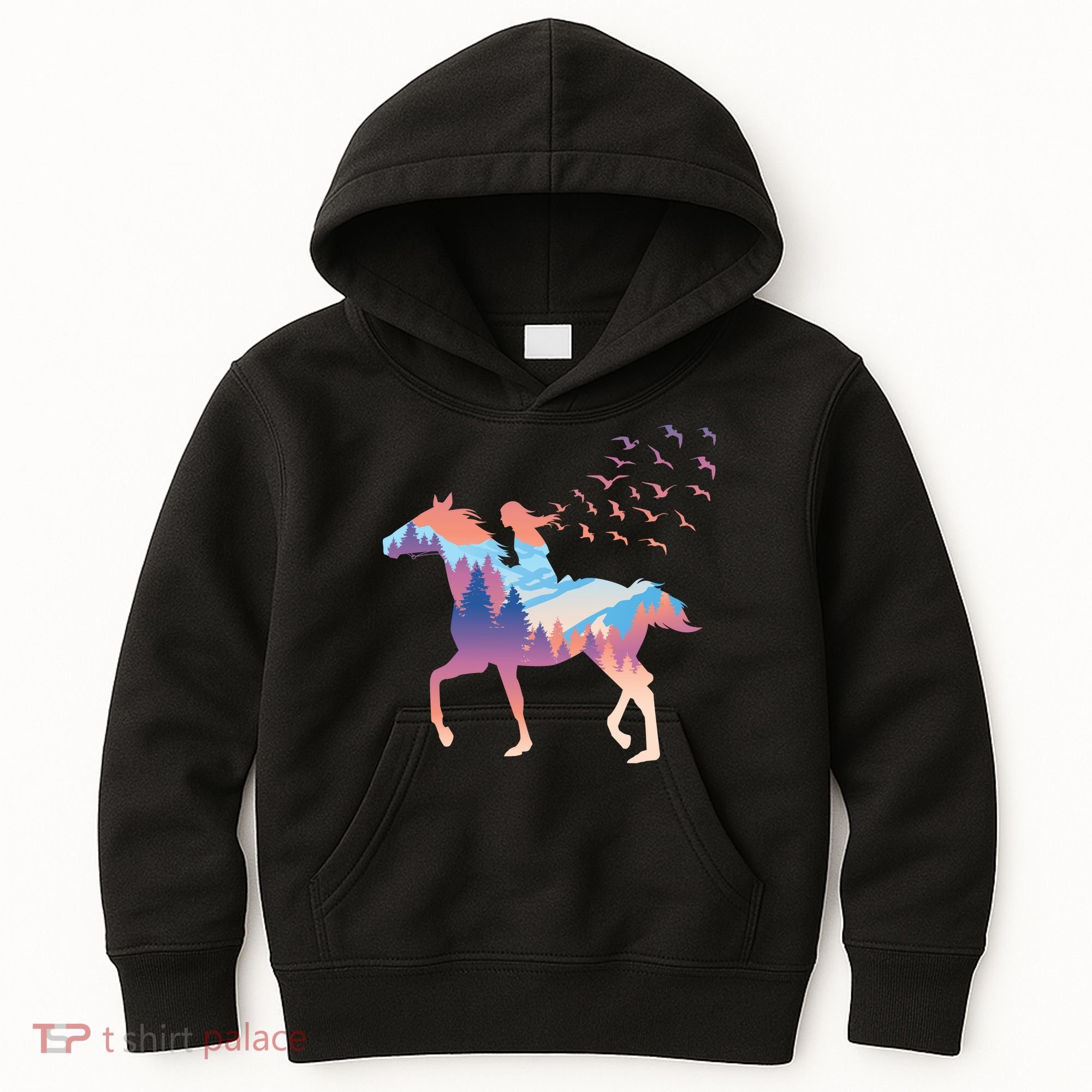 Girl Riding Horse In Forest Kids Hoodie