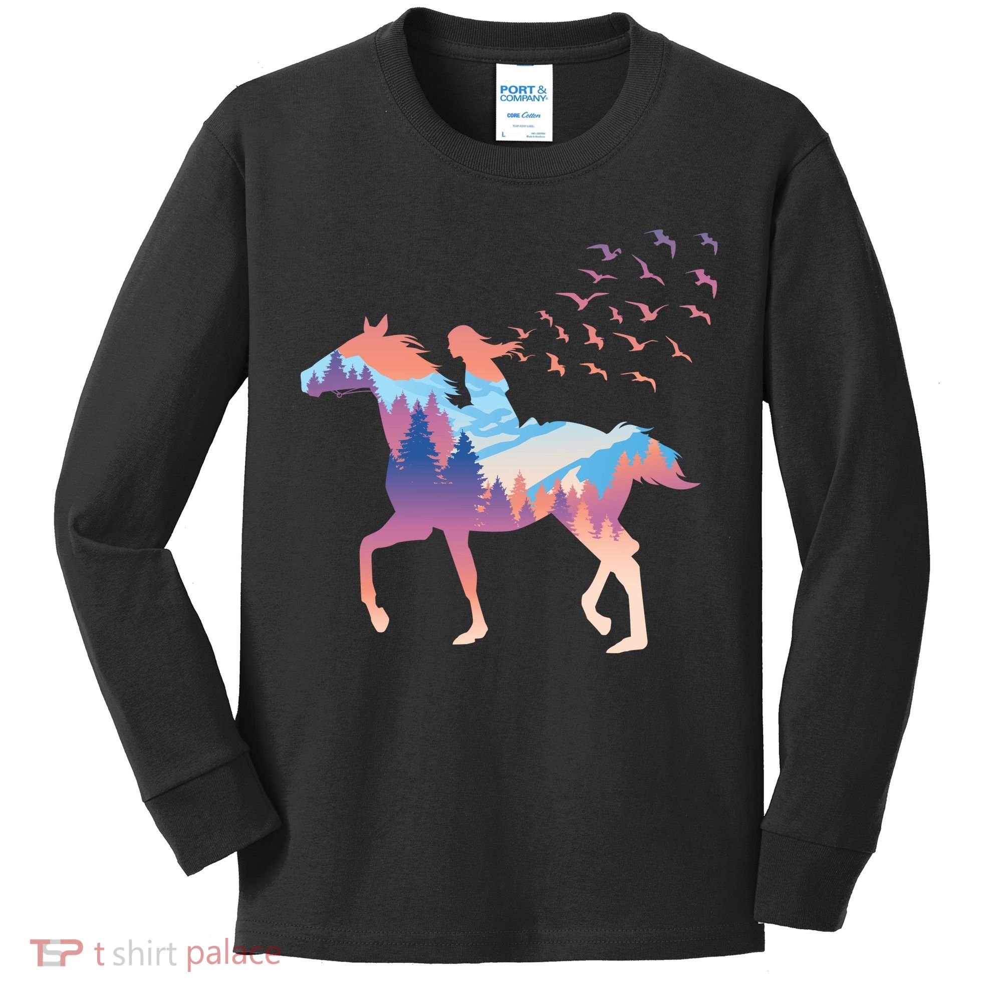 Girl Riding Horse In Forest Kids Long Sleeve Shirt