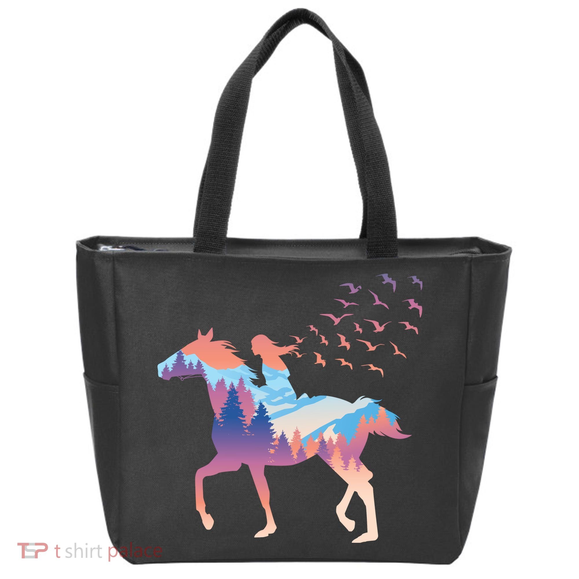 Girl Riding Horse In Forest Tote Bag