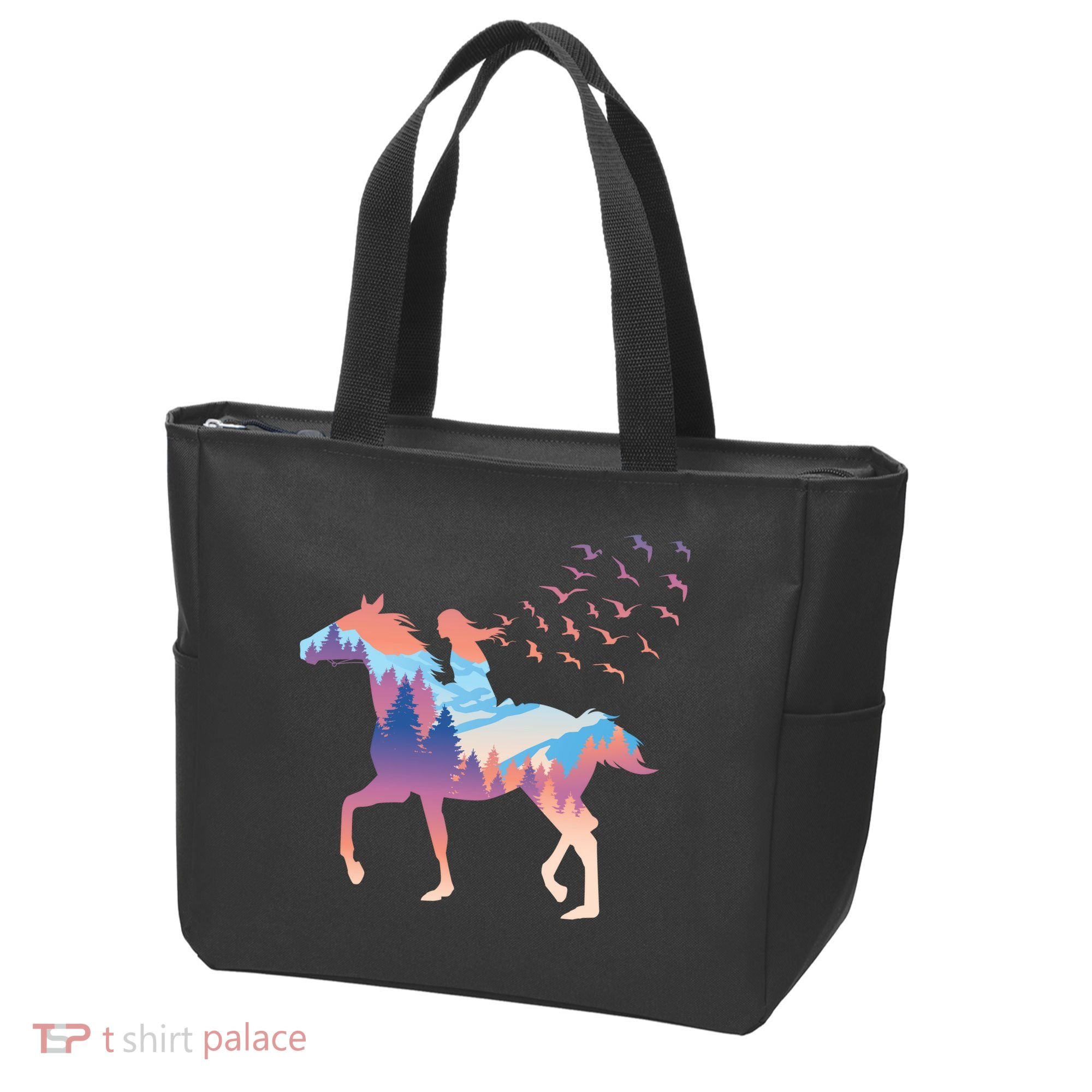 Girl Riding Horse In Forest Tote Bag