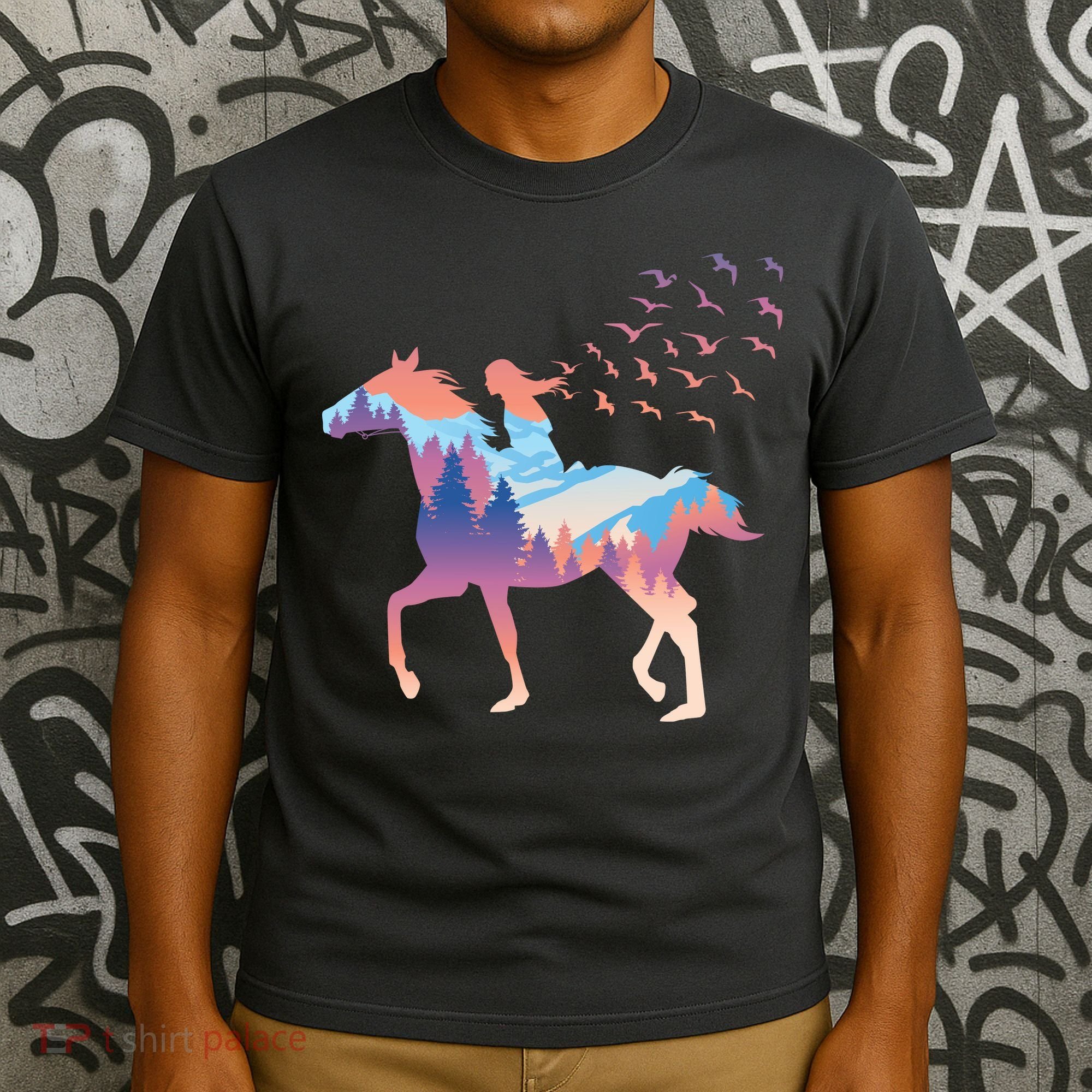 Girl Riding Horse In Forest T-Shirt