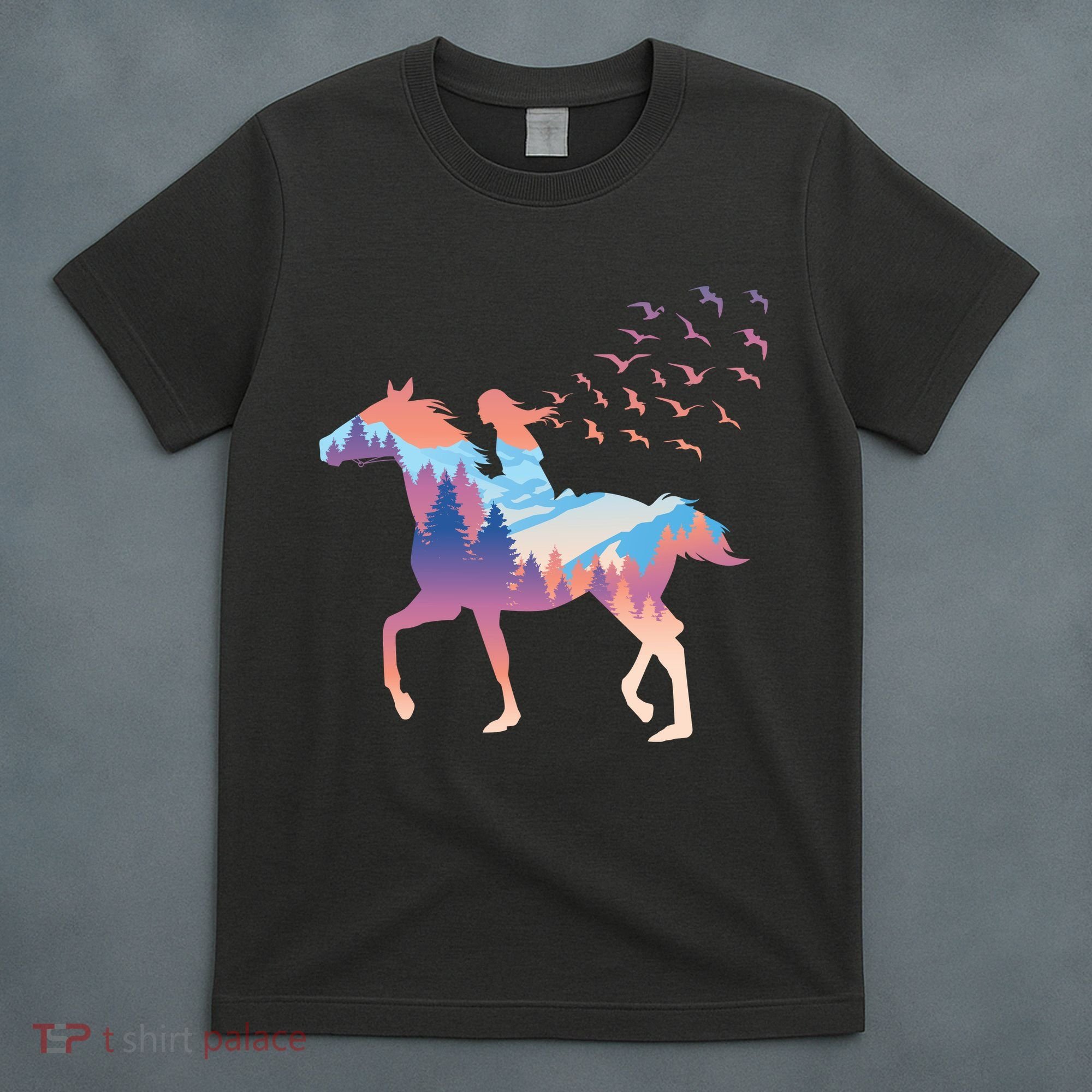 Girl Riding Horse In Forest T-Shirt