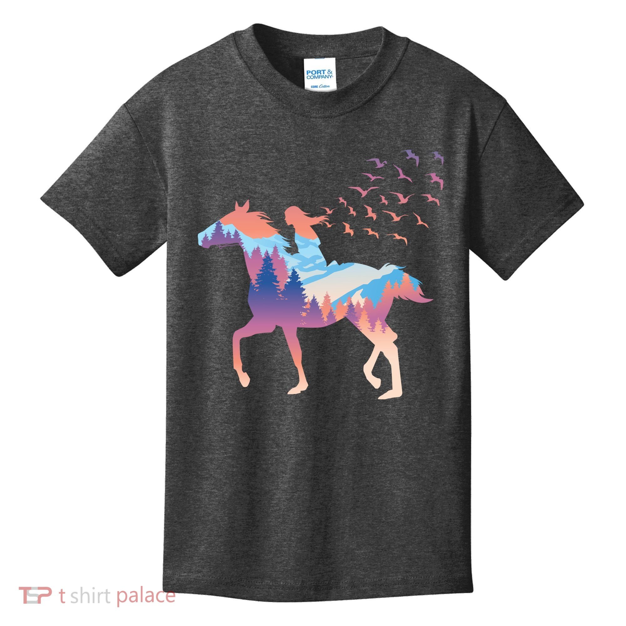 Girl Riding Horse In Forest Kids T-Shirt