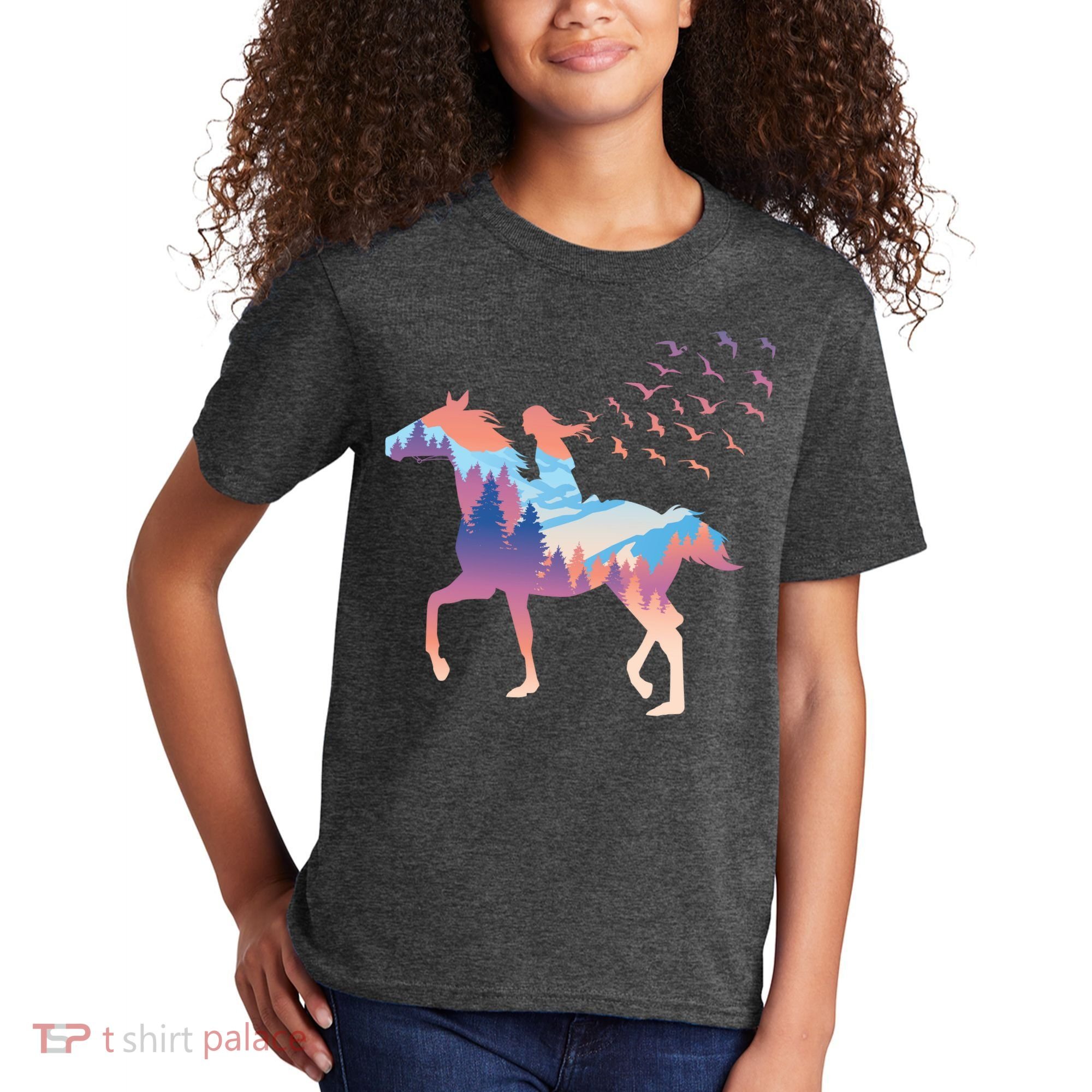 Girl Riding Horse In Forest Kids T-Shirt