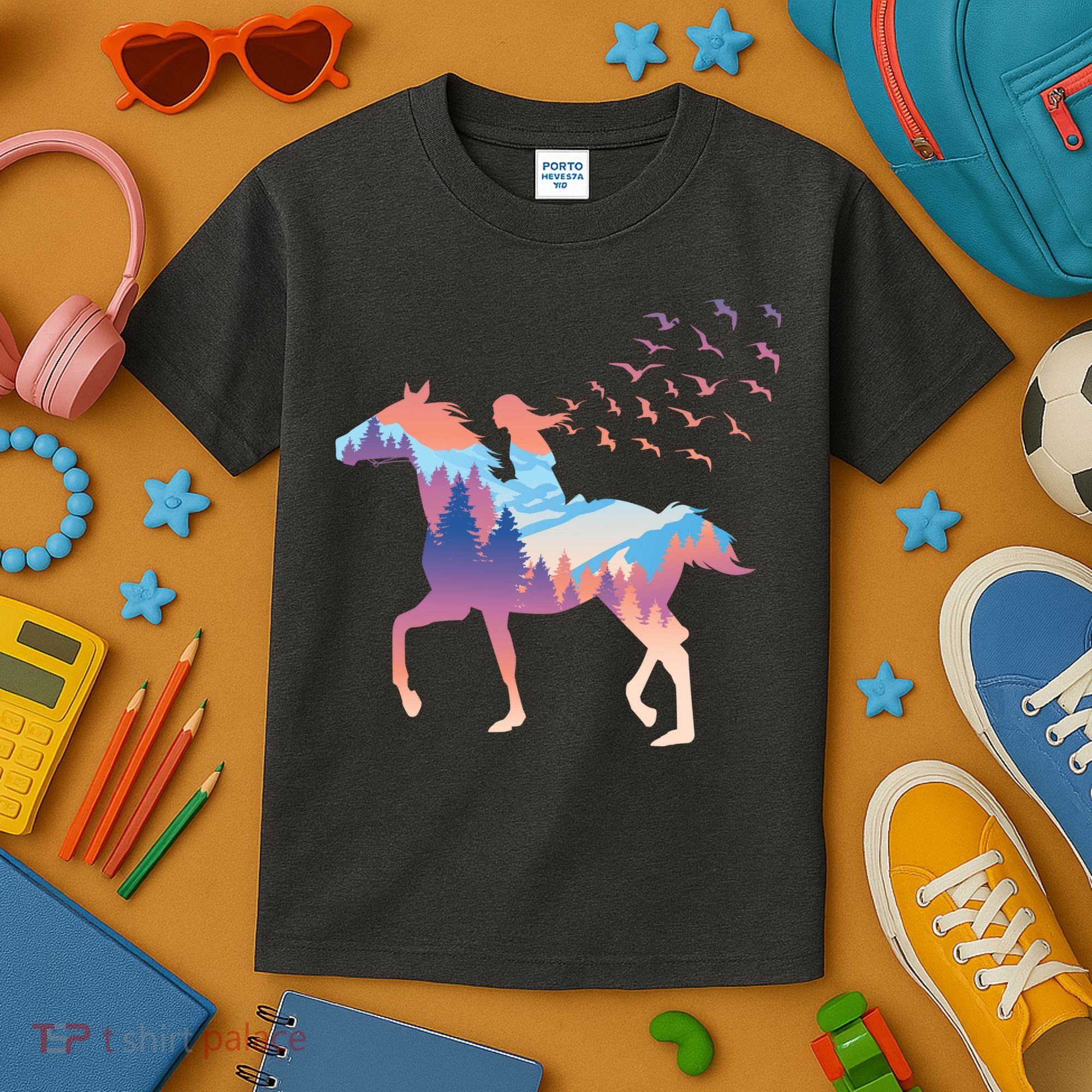 Girl Riding Horse In Forest Kids T-Shirt