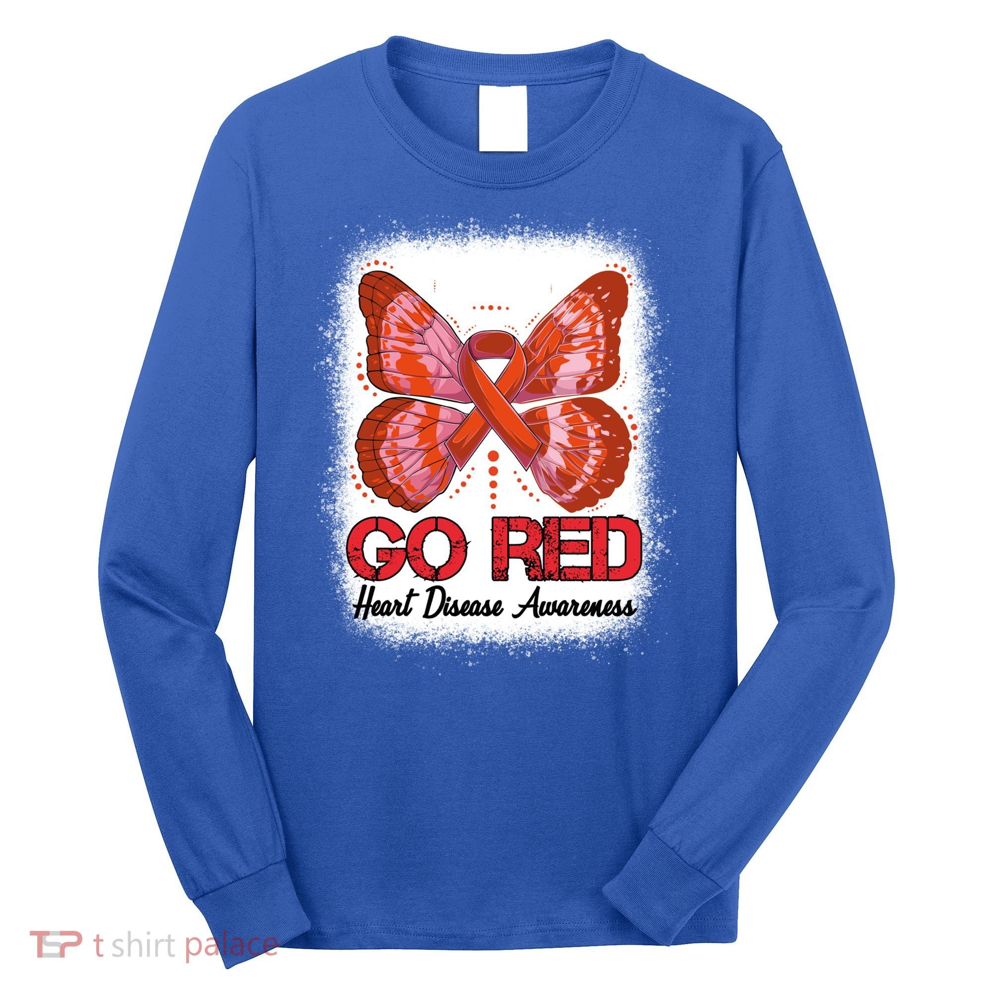 Go Red Heart Disease Awareness Month Red Ribbon Butterfly Gift Long Sleeve Shirt