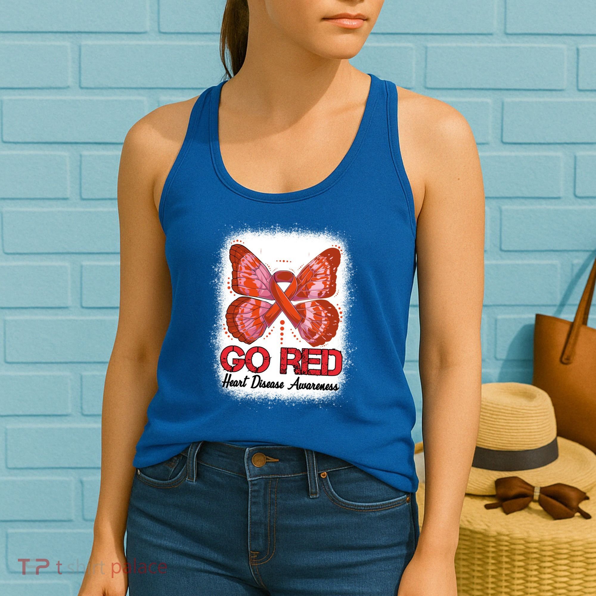 Go Red Heart Disease Awareness Month Red Ribbon Butterfly Gift Women's Tank Top