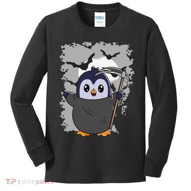 Grim Reaper Halloween Spooky Penguin Halloween Penguin Kids Long Sleeve Shirt