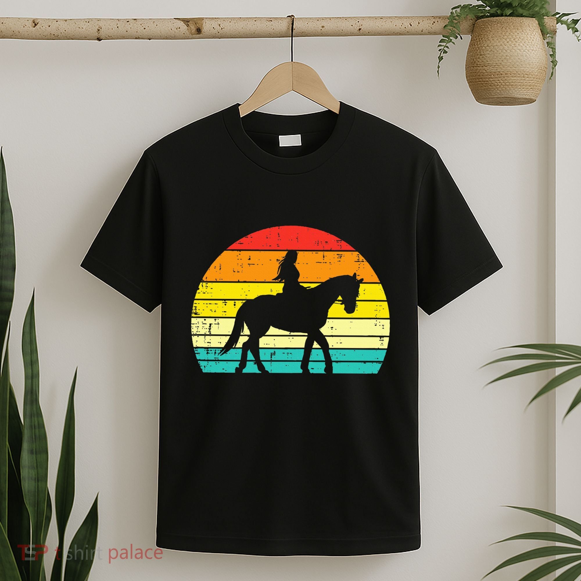 Girl Riding Horse Silhouette Sunset Retro Equestrian Women T-Shirt