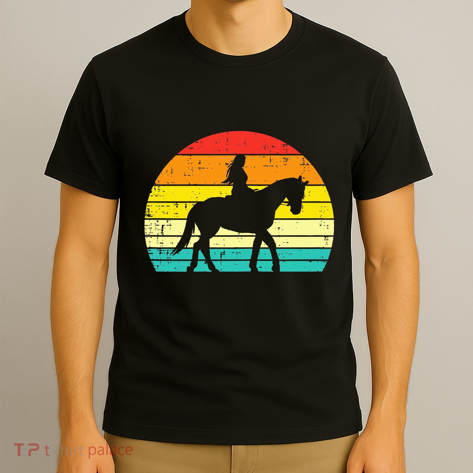 Girl Riding Horse Silhouette Sunset Retro Equestrian Women T-Shirt