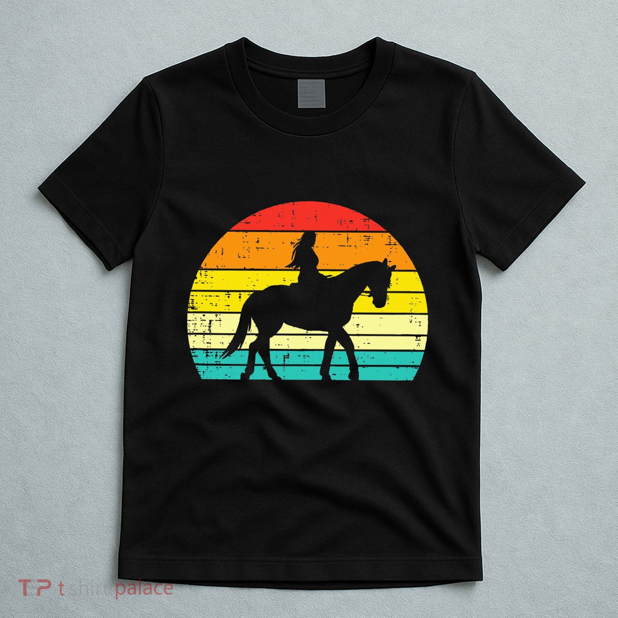 Girl Riding Horse Silhouette Sunset Retro Equestrian Women T-Shirt