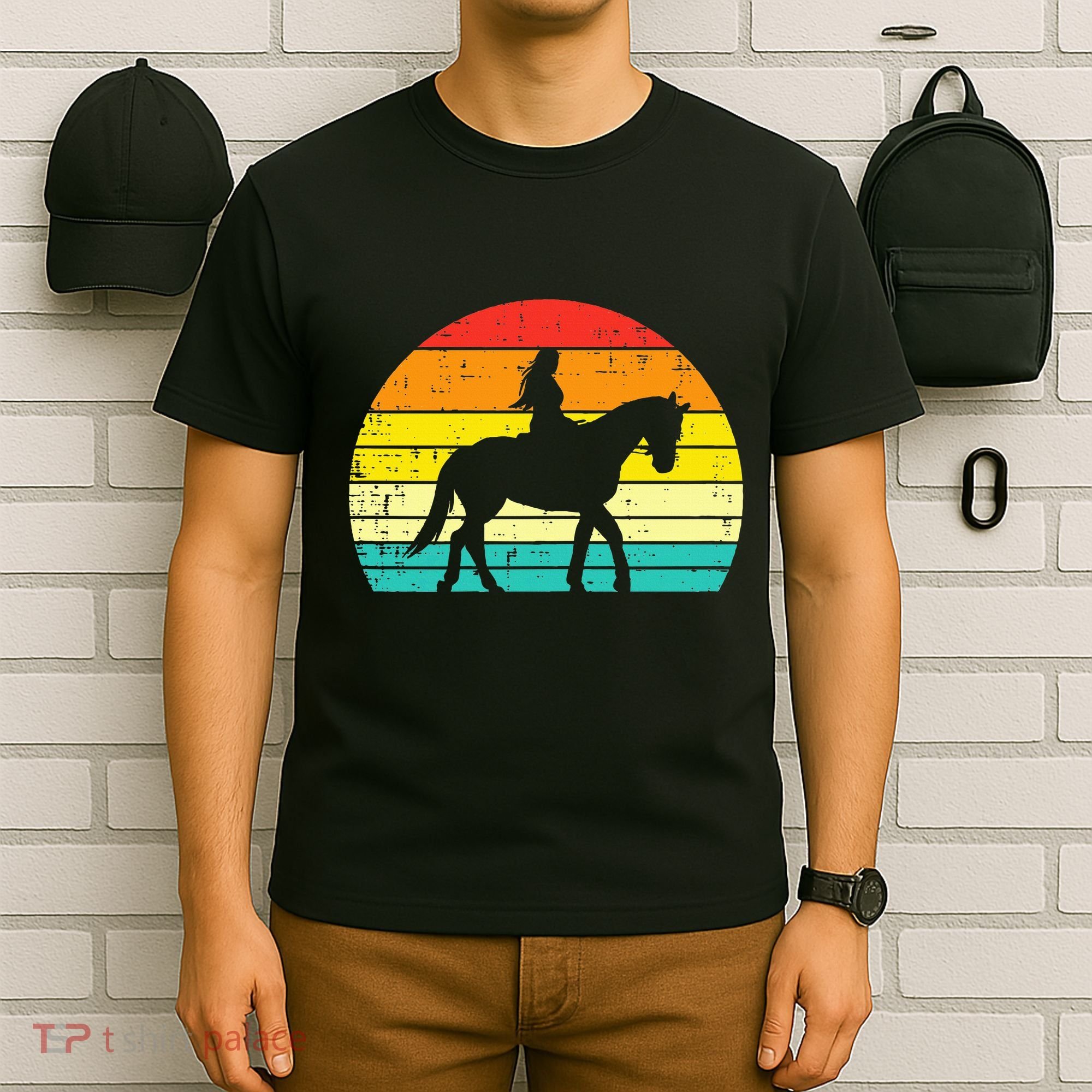 Girl Riding Horse Silhouette Sunset Retro Equestrian Women T-Shirt