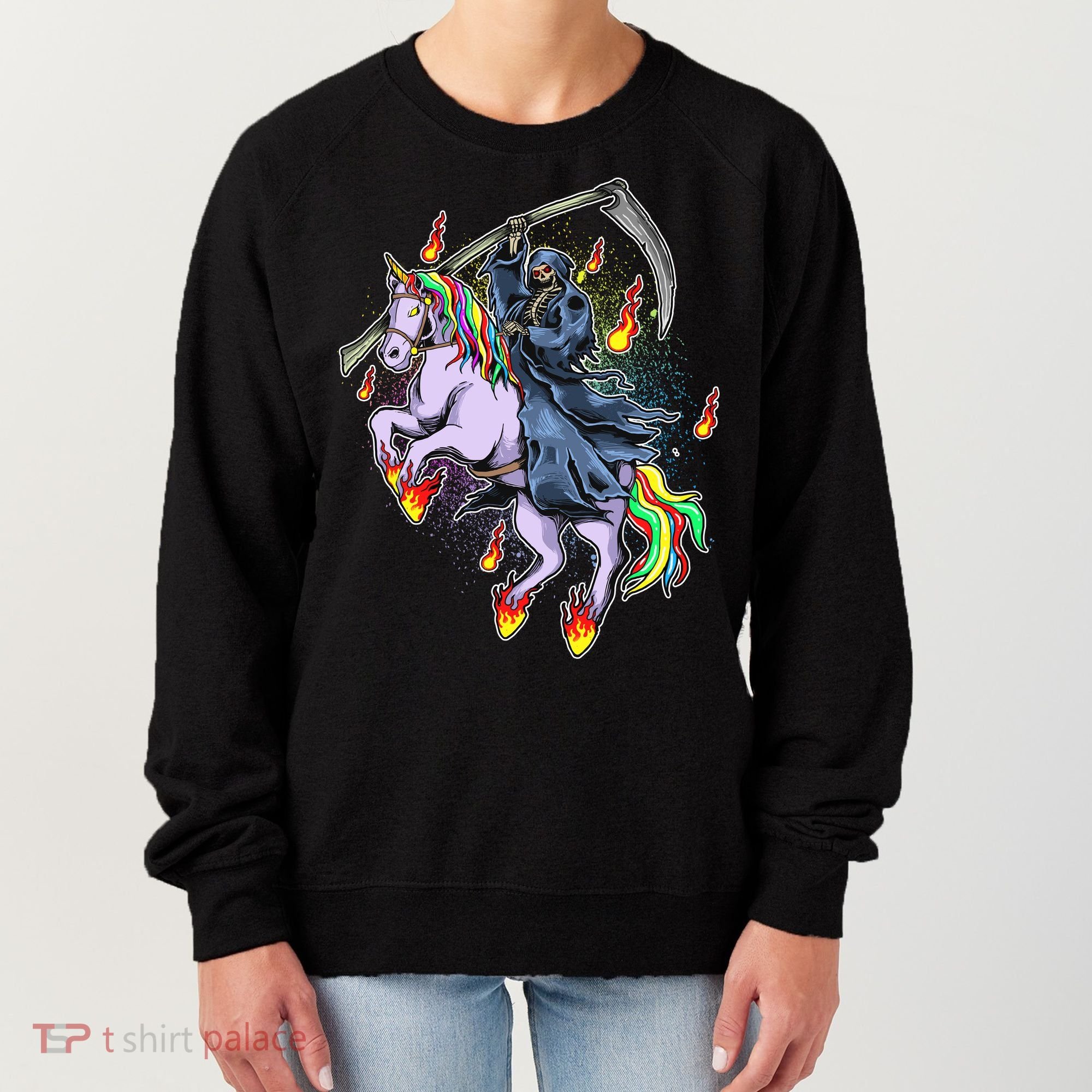 Grim Reaper Riding Rainbow Unicorn Women's Sweatshirt