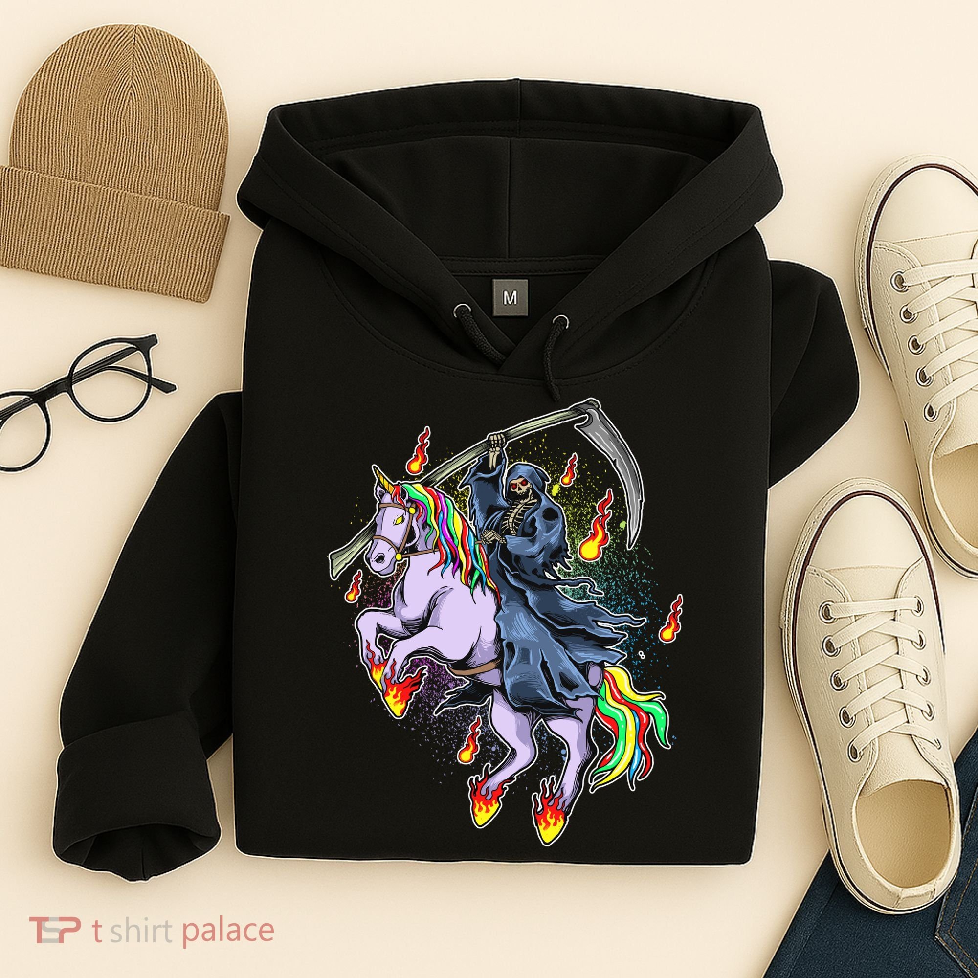 Grim Reaper Riding Rainbow Unicorn Hoodie