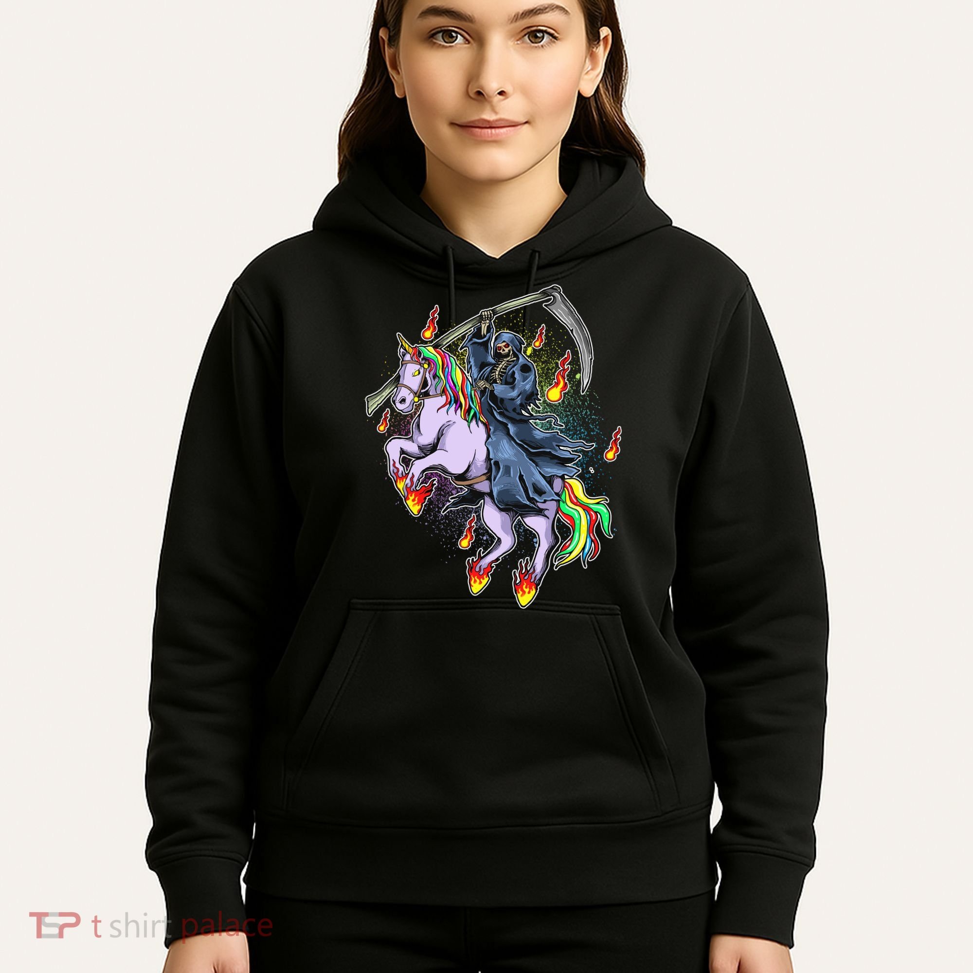 Grim Reaper Riding Rainbow Unicorn Hoodie
