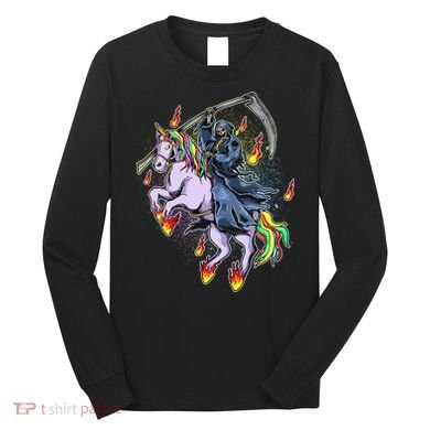 Grim Reaper Riding Rainbow Unicorn Long Sleeve Shirt