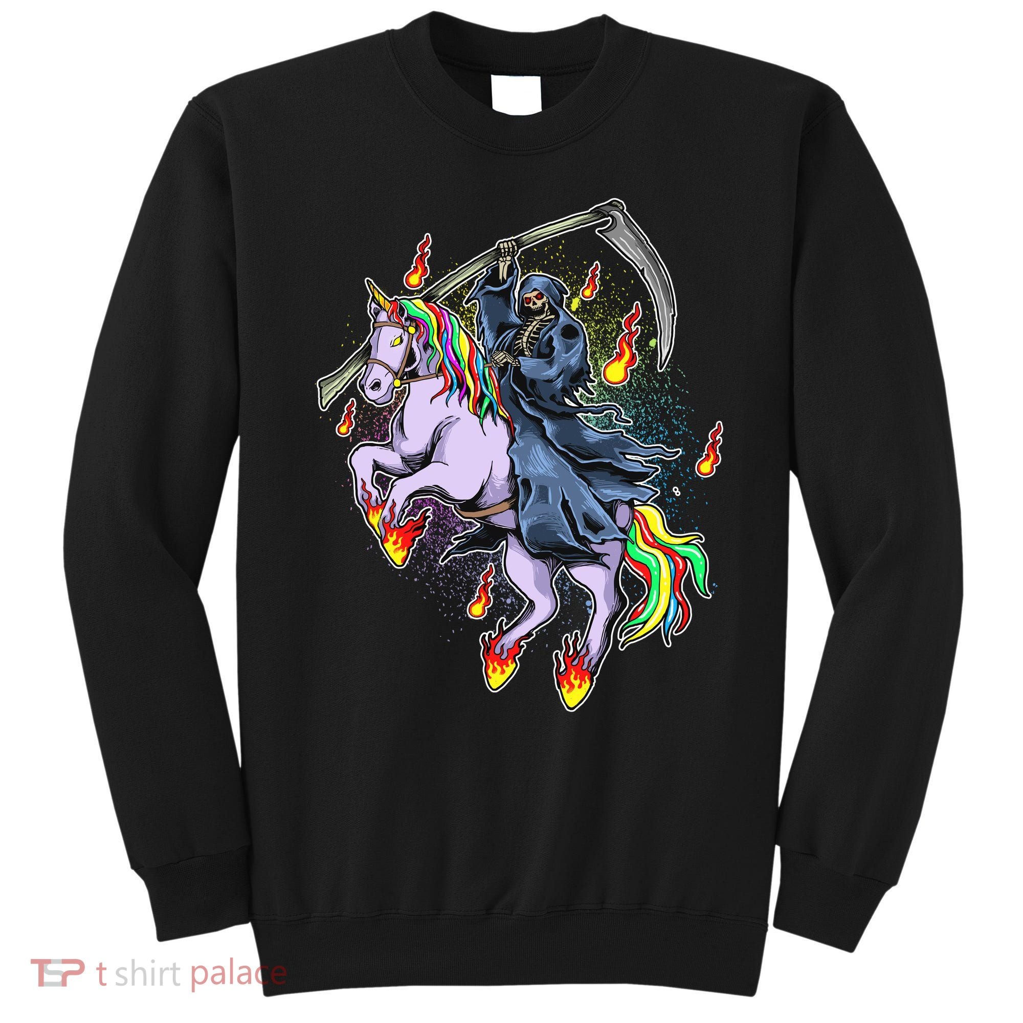 Grim Reaper Riding Rainbow Unicorn Sweatshirt