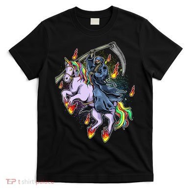 Grim Reaper Riding Rainbow Unicorn T-Shirt