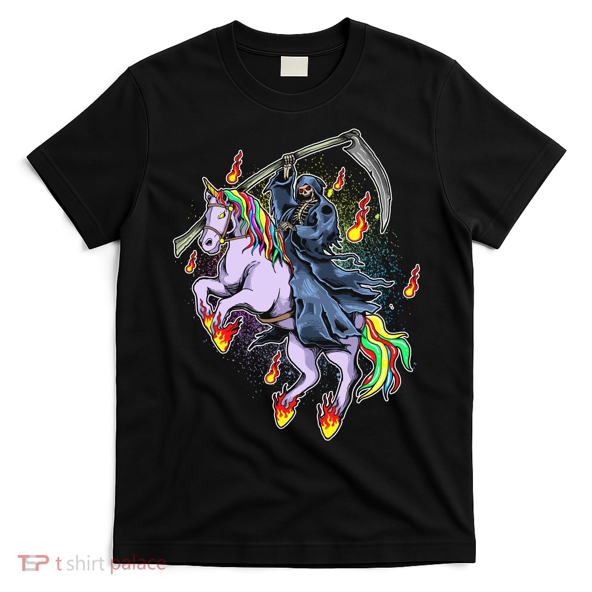 Grim Reaper Riding Rainbow Unicorn T-Shirt