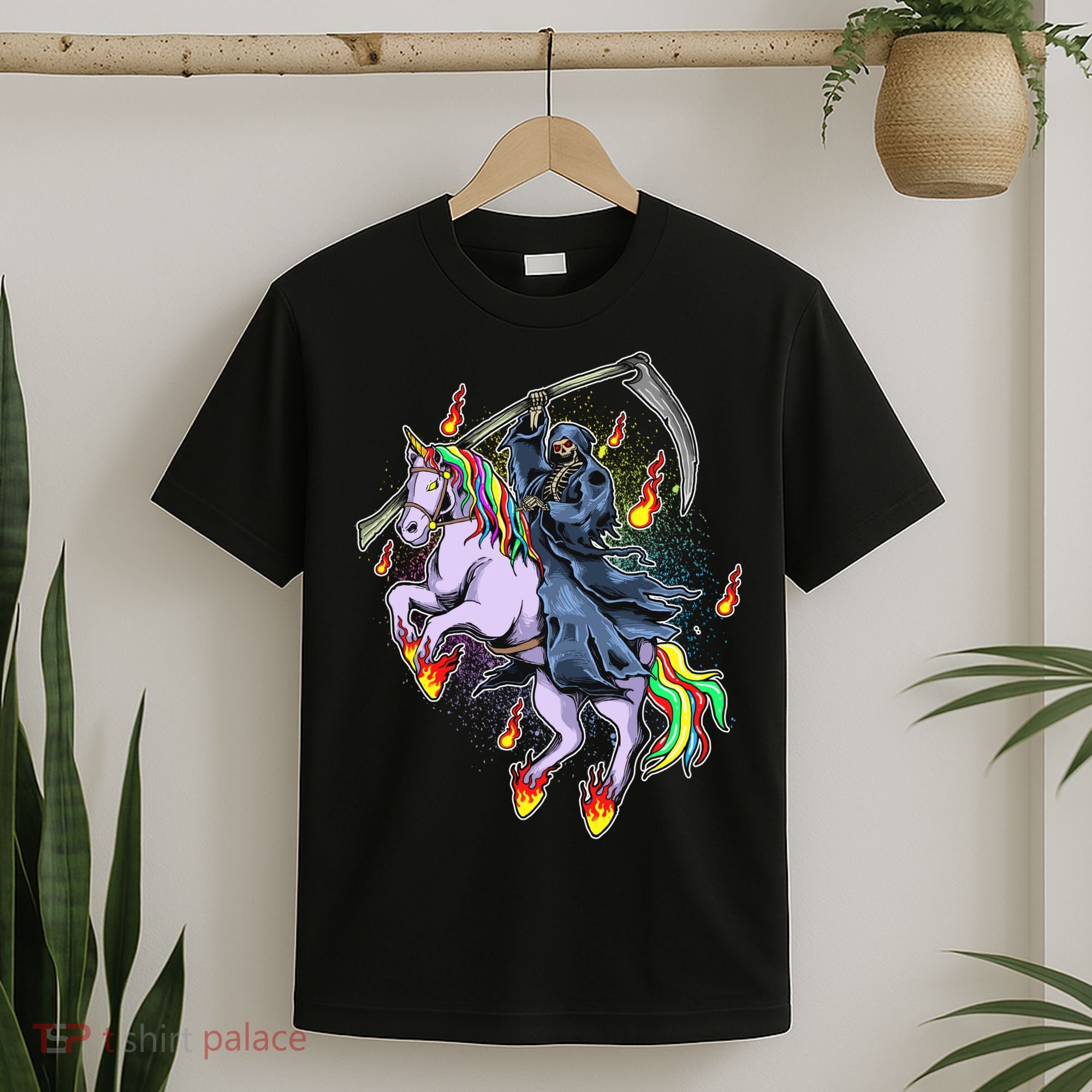 Grim Reaper Riding Rainbow Unicorn T-Shirt