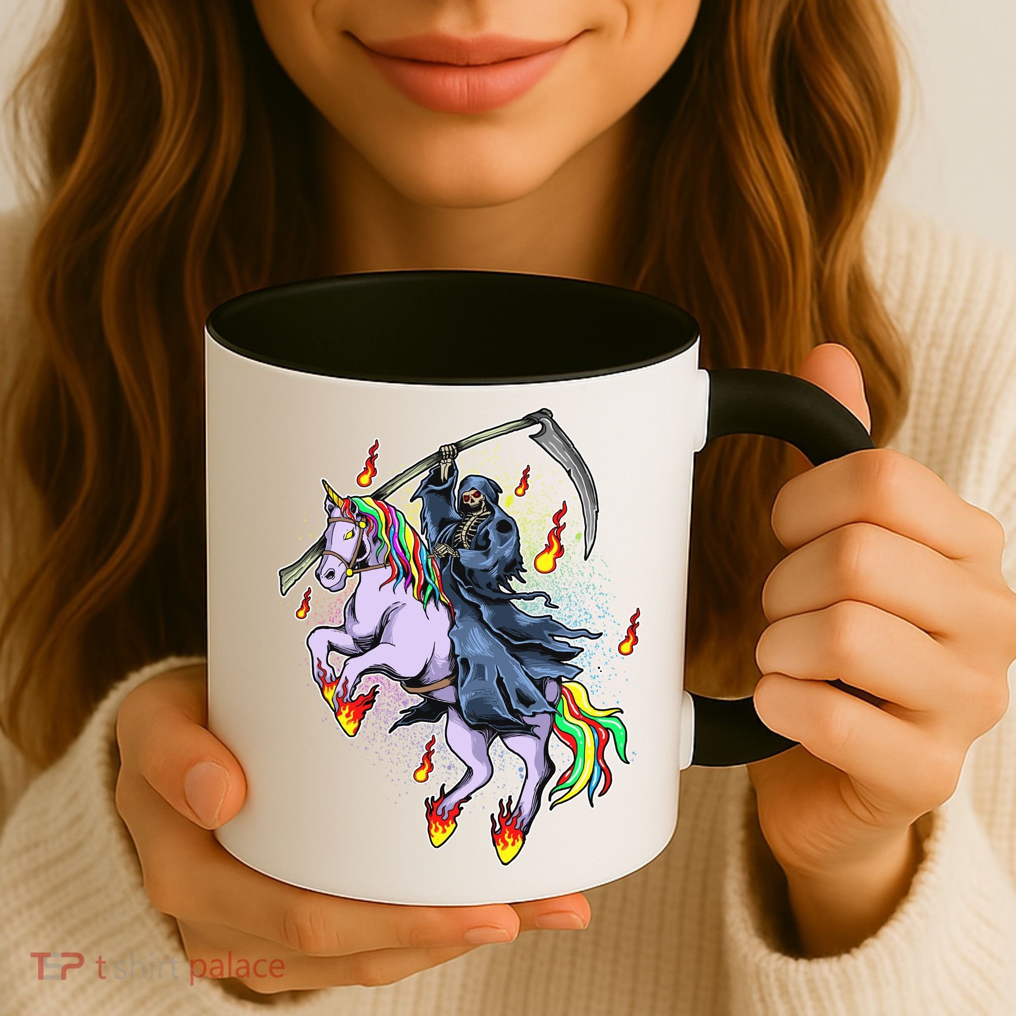 Grim Reaper Riding Rainbow Unicorn Coffee Mug