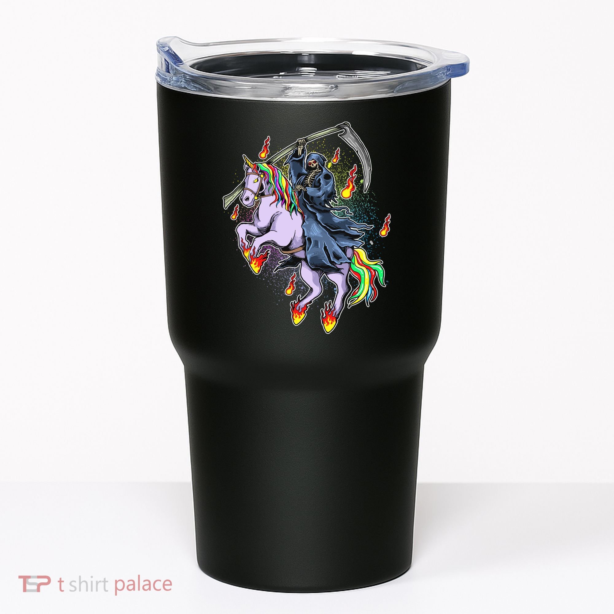 Grim Reaper Riding Rainbow Unicorn Tumbler