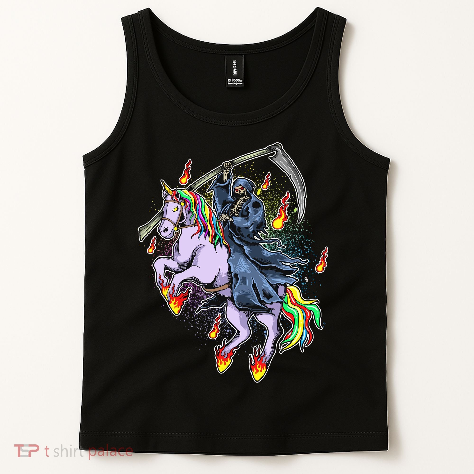 Grim Reaper Riding Rainbow Unicorn Tank Top