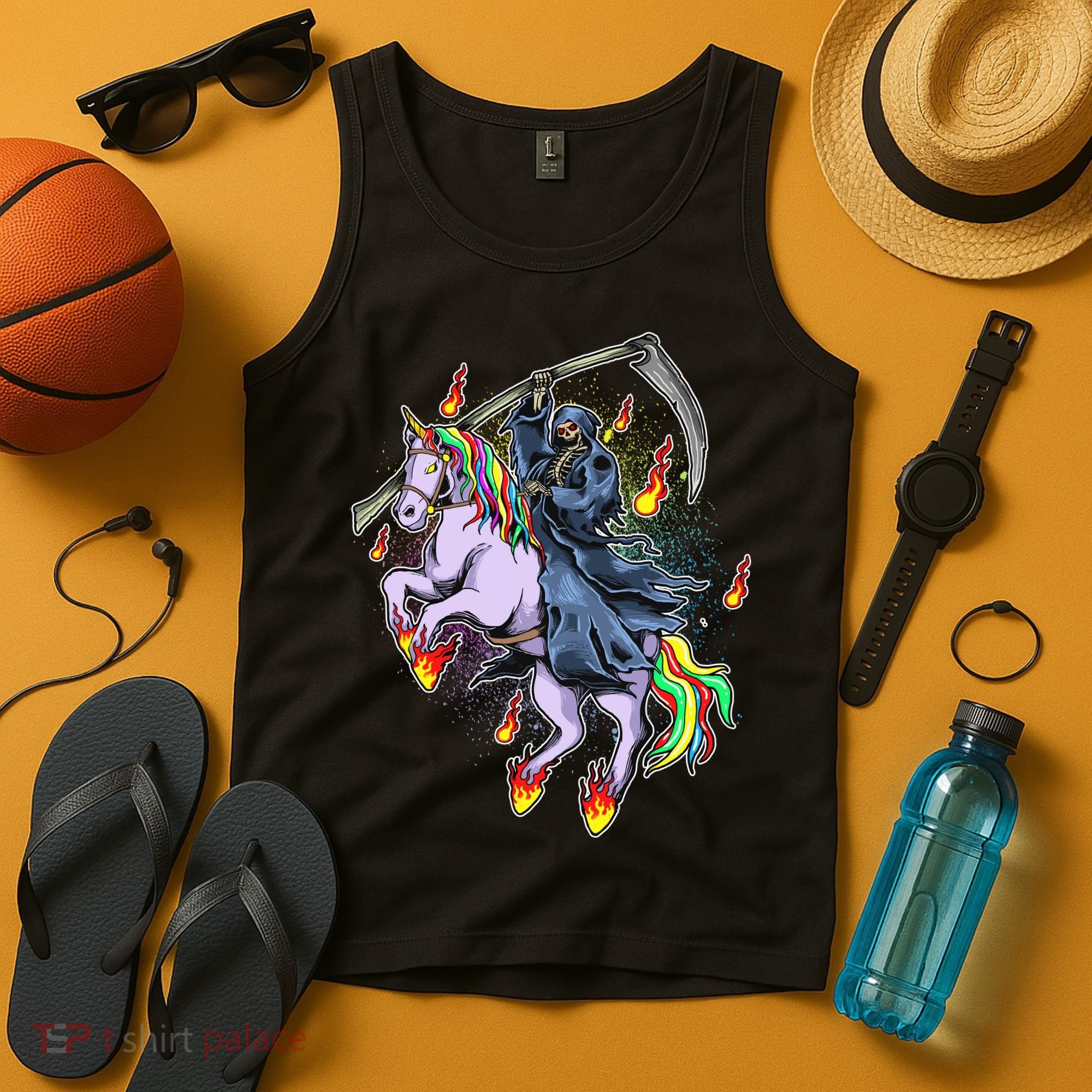 Grim Reaper Riding Rainbow Unicorn Tank Top