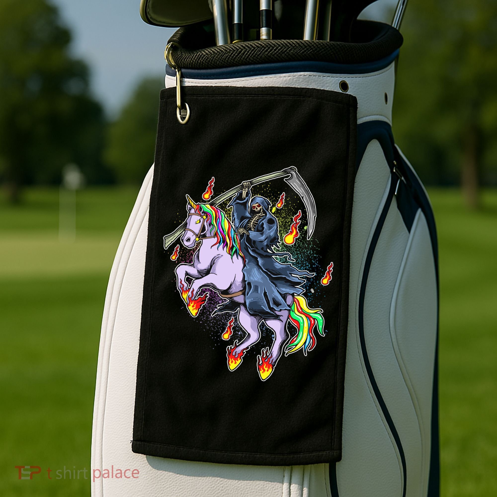 Grim Reaper Riding Rainbow Unicorn Golf Towel