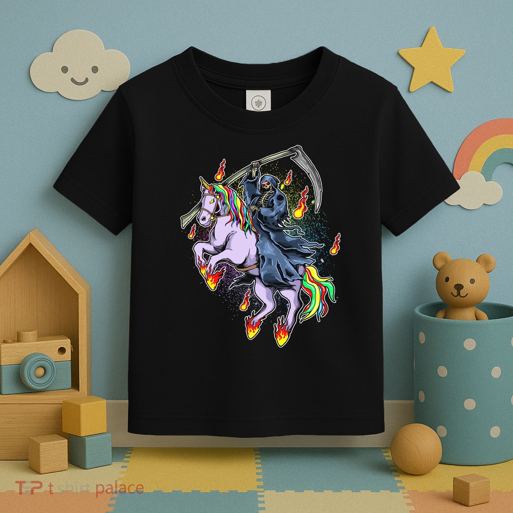 Grim Reaper Riding Rainbow Unicorn Toddler T-Shirt