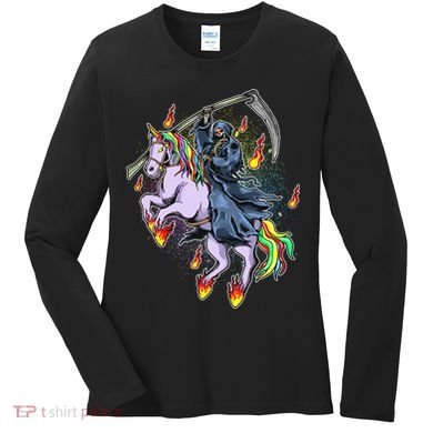 Grim Reaper Riding Rainbow Unicorn Women's Long Sleeve Shirt