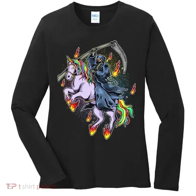 Grim Reaper Riding Rainbow Unicorn Women's Long Sleeve Shirt