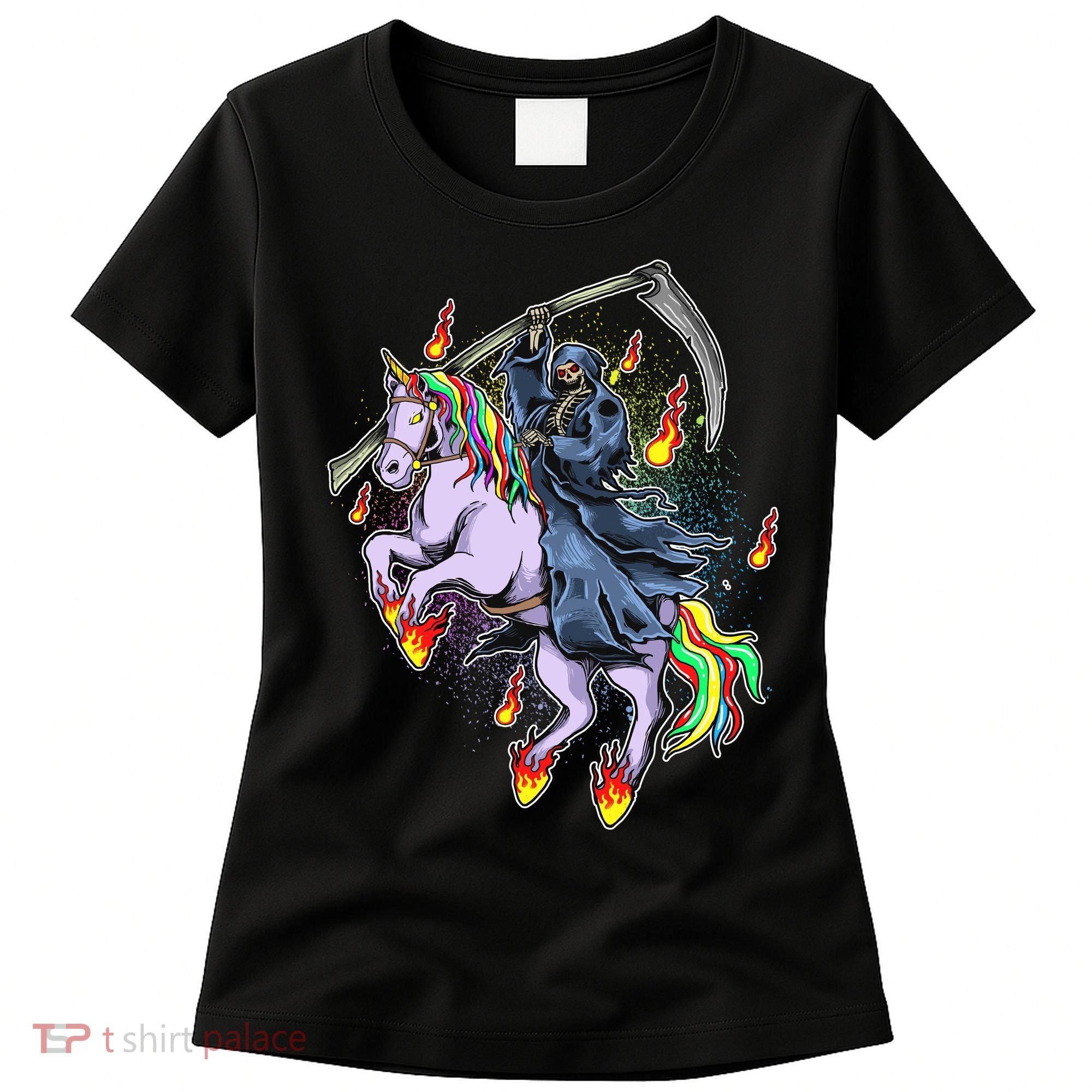 Grim Reaper Riding Rainbow Unicorn Women's T-Shirt