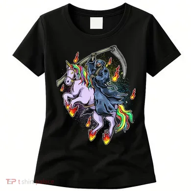 Grim Reaper Riding Rainbow Unicorn Women's T-Shirt