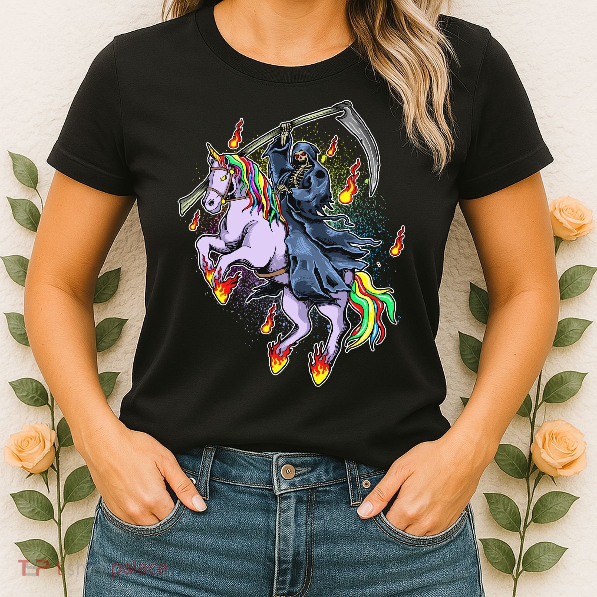 Grim Reaper Riding Rainbow Unicorn Women's T-Shirt