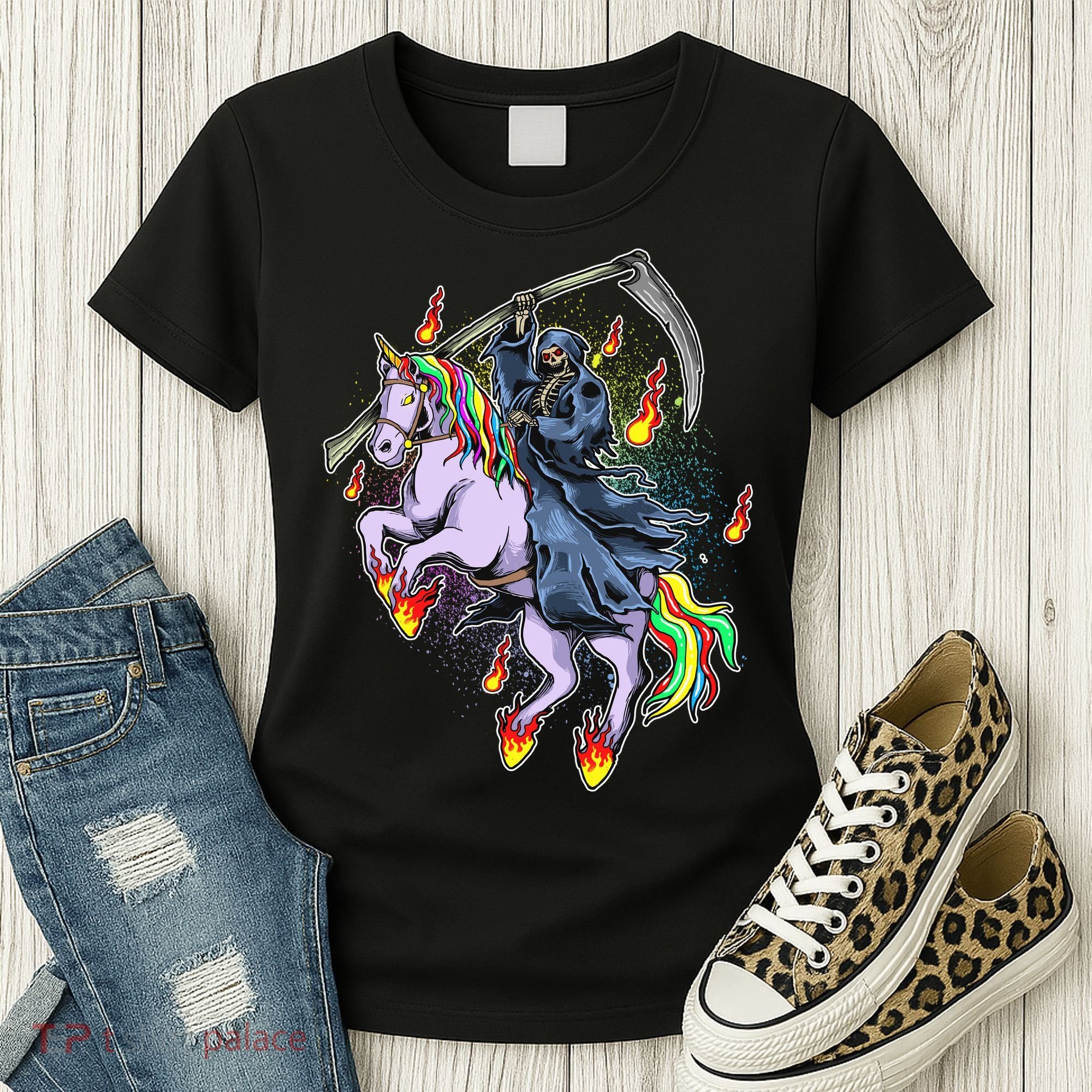 Grim Reaper Riding Rainbow Unicorn Women's T-Shirt