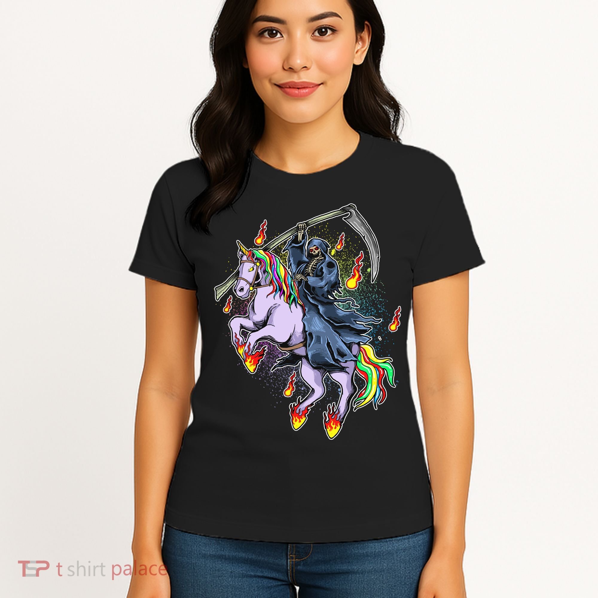 Grim Reaper Riding Rainbow Unicorn Women's T-Shirt