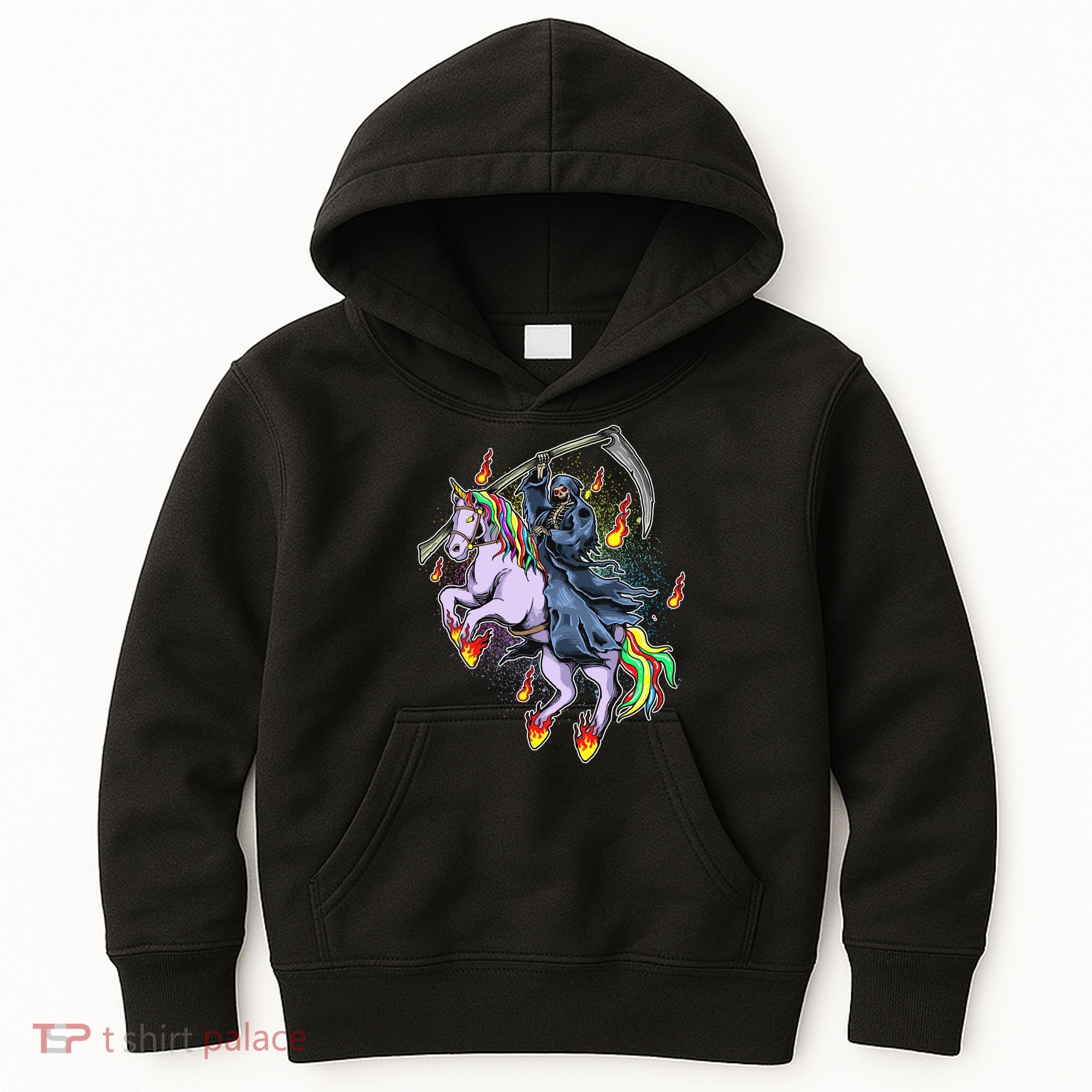 Grim Reaper Riding Rainbow Unicorn Kids Hoodie