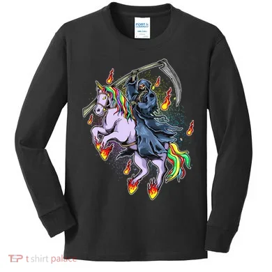 Grim Reaper Riding Rainbow Unicorn Kids Long Sleeve Shirt