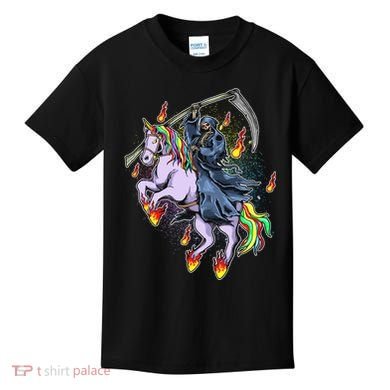 Grim Reaper Riding Rainbow Unicorn Kids T-Shirt